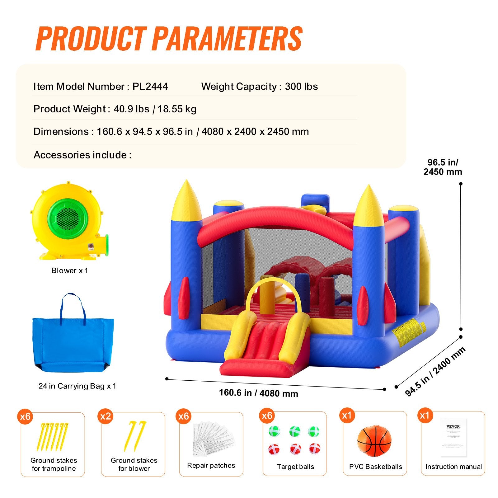 VEVOR Inflatable Bounce House, Outdoor High Quality Playhouse Trampoline, Jumping Bouncer with Blower, Slide, and Storage Bag, Family Backyard Bouncy Castle, for Kid Ages 3_8 Years, 4.0x2.4x2.4m