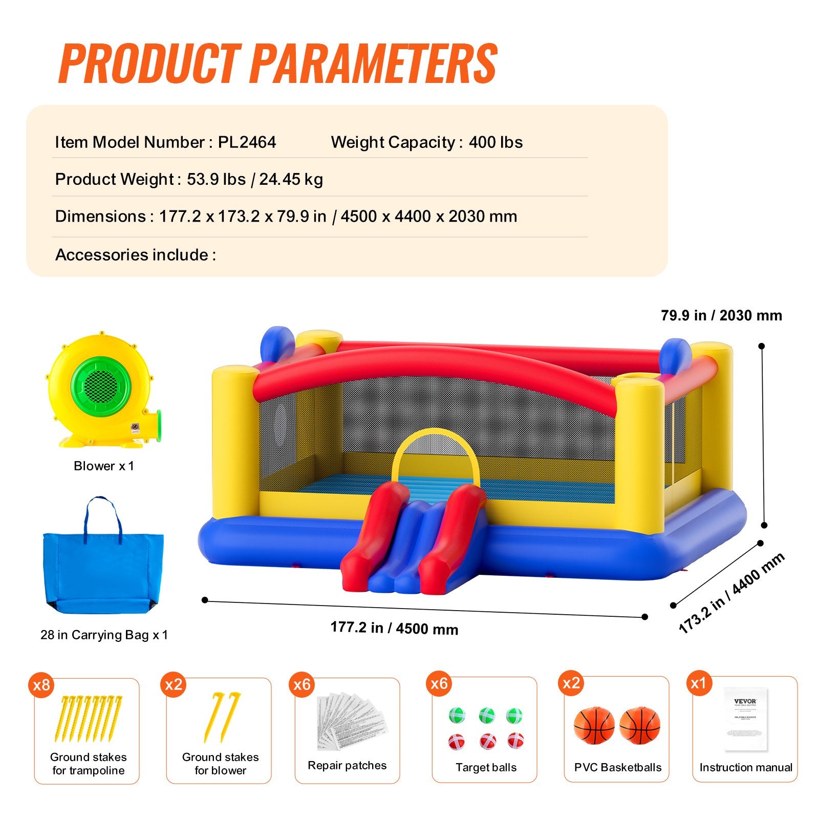 VEVOR Inflatable Bounce House, Outdoor High Quality Playhouse Trampoline, Jumping Bouncer with Blower, Slide, and Storage Bag, Family Backyard Bouncy Castle, for Kid Ages 3_10 Years, 4.5x4.4x2m