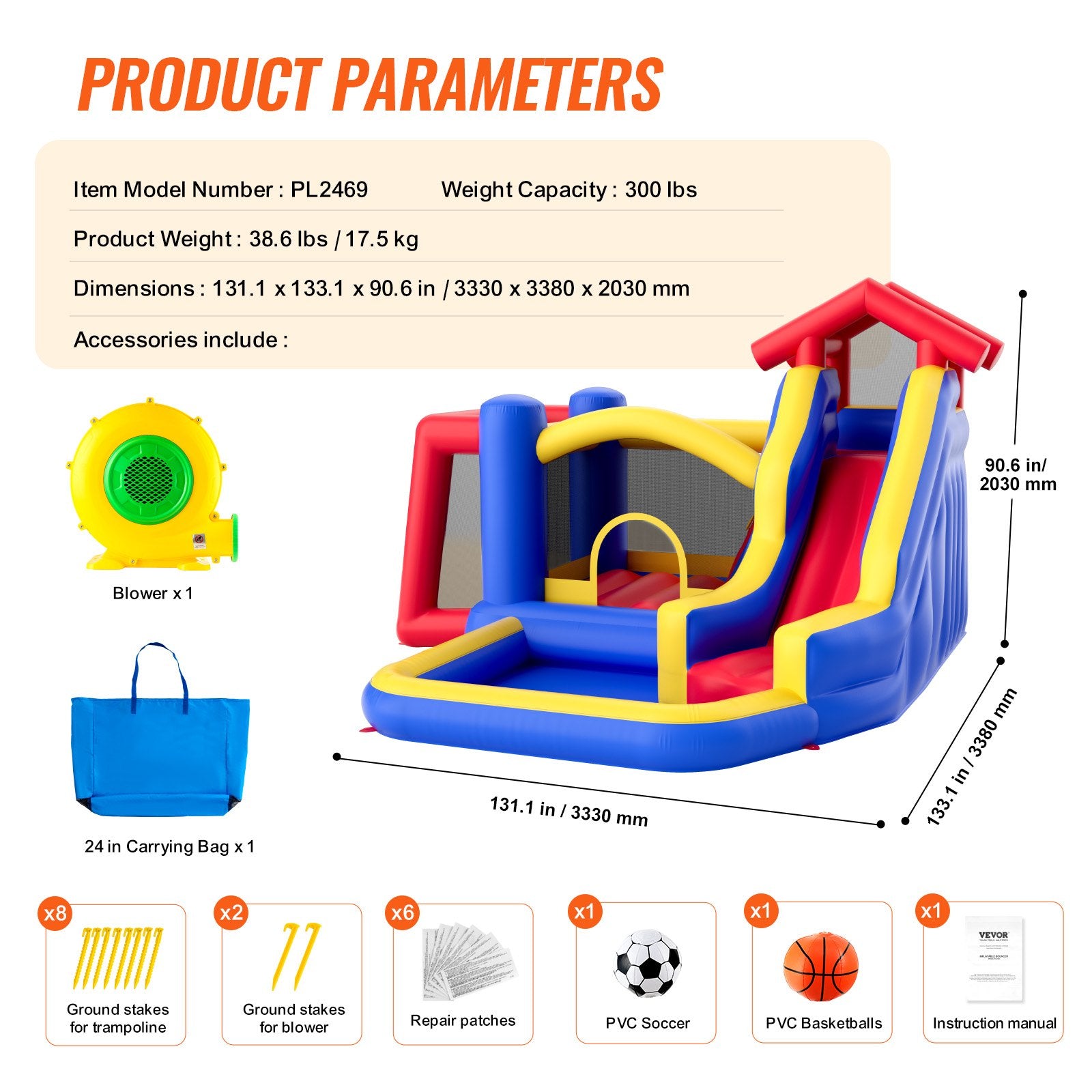 VEVOR Inflatable Bounce House, Outdoor High Quality Playhouse Trampoline, Jumping Bouncer with Blower, Slide, and Storage Bag, Family Backyard Bouncy Castle, for Kid Ages 3_8 Years, 3.3x3x2.3m