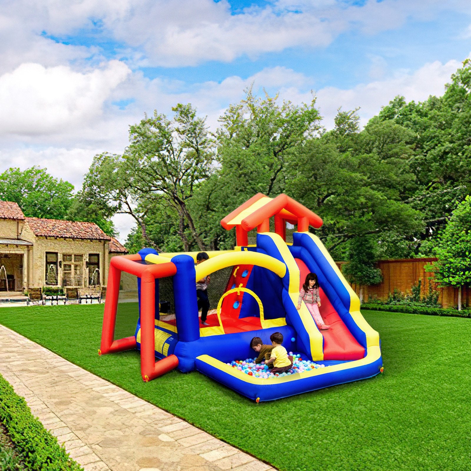 VEVOR Inflatable Bounce House, Outdoor High Quality Playhouse Trampoline, Jumping Bouncer with Blower, Slide, and Storage Bag, Family Backyard Bouncy Castle, for Kid Ages 3_8 Years, 3.3x3x2.3m