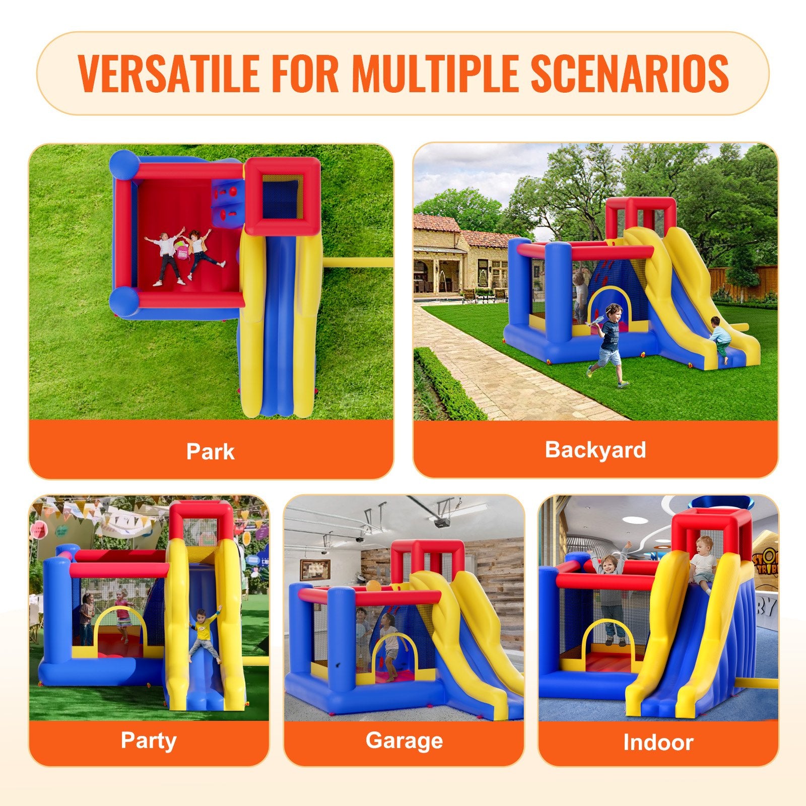 VEVOR Inflatable Bounce House, Outdoor High Quality Playhouse Trampoline, Jumping Bouncer with Blower, Slide, and Storage Bag, Family Backyard Bouncy Castle, for Kid Ages 3_8 Years, 3.4x2.6x2.3m