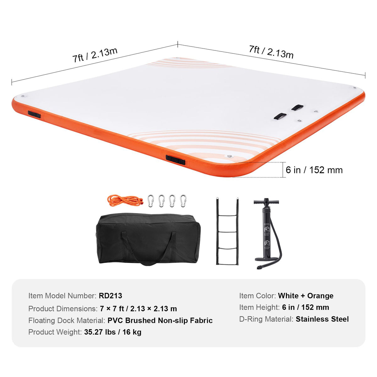 Inflatable Floating Dock, 7 x 7FT Inflatable Dock Platform, Non-Slip Water Floating Dock Mat with Portable Carrying Bag & Detachable Ladder, Floating Platform Island Raft for Pool Beach Ocean