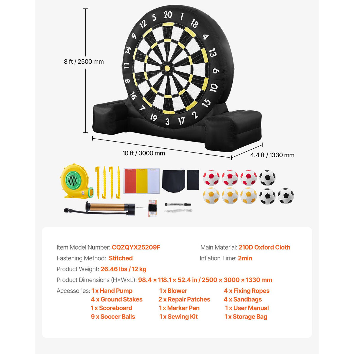 Inflatable Soccer Dart Board, over 2.5 m High Giant Soccer Dart Board with 9 Kick Balls & Air Pump, 2-Minutes Setup & Storage Bag for Easy Carrying, for Giant Yard Games, Giant Kick Darts Game