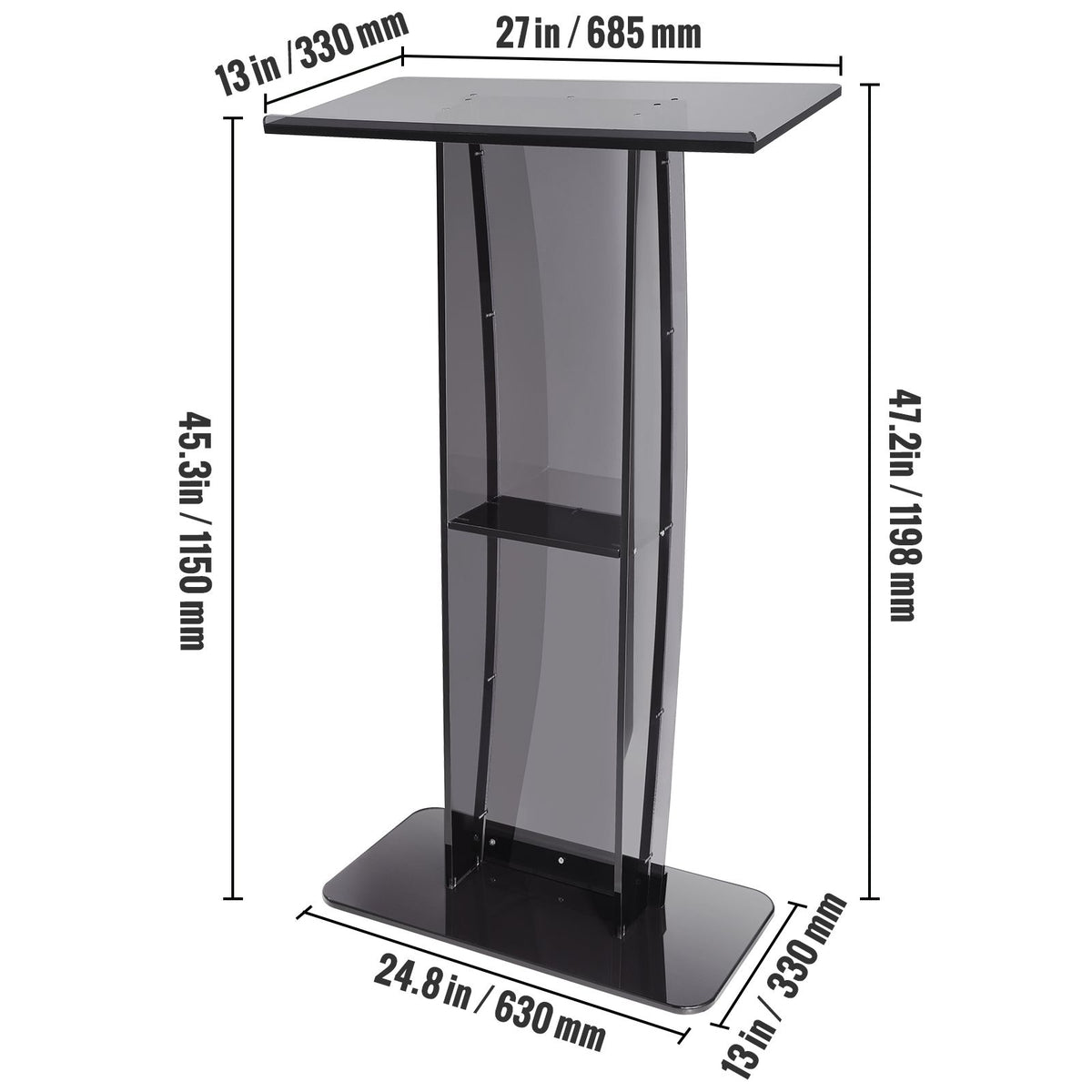 Acrylic Podium, 47" Tall, Acrylic Podium Stand with Wide Reading Surface & Storage Shelf, Floor-standing Clear Pulpits Acrylic for Church Office School, Black