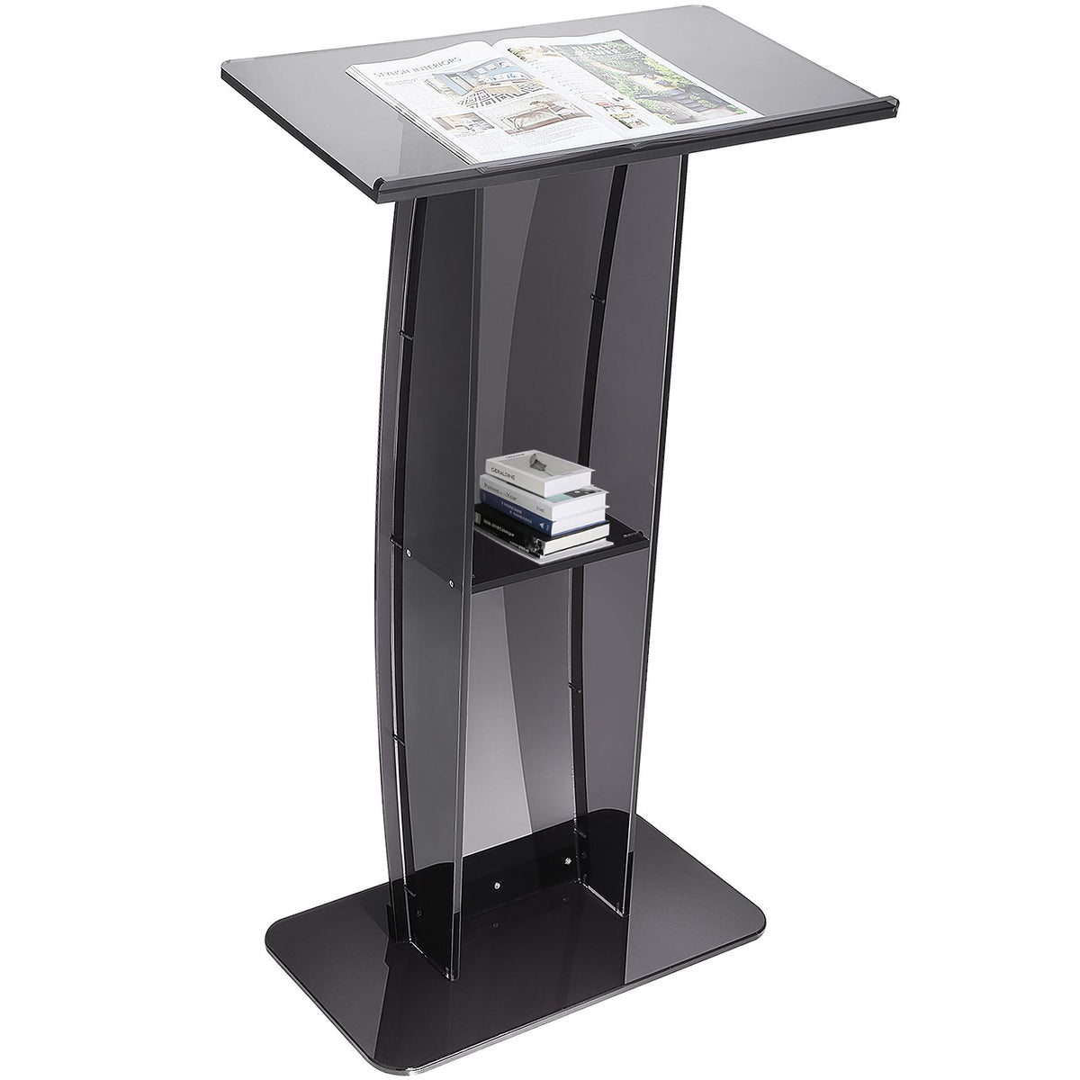 Acrylic Podium, 47" Tall, Acrylic Podium Stand with Wide Reading Surface & Storage Shelf, Floor-standing Clear Pulpits Acrylic for Church Office School, Black