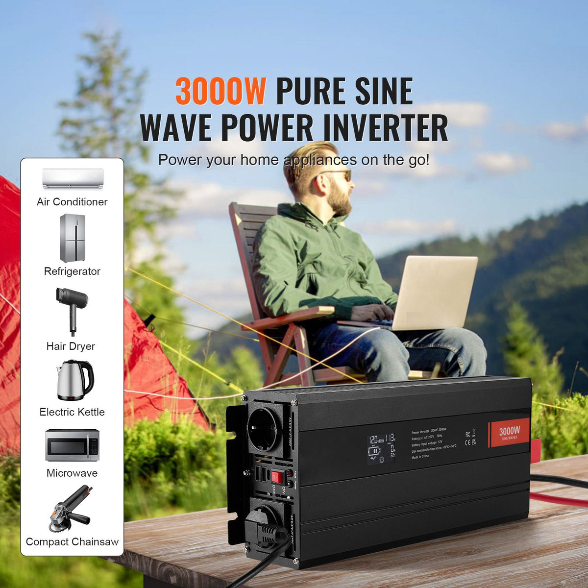 Pure Sine Wave Inverter, 3000 Watt, Power Inverter with 2 AC Outlets 2 USB Port 1 Type-C Port, LCD Display and Remote Controller for Large Home Appliances, CE FCC Certified