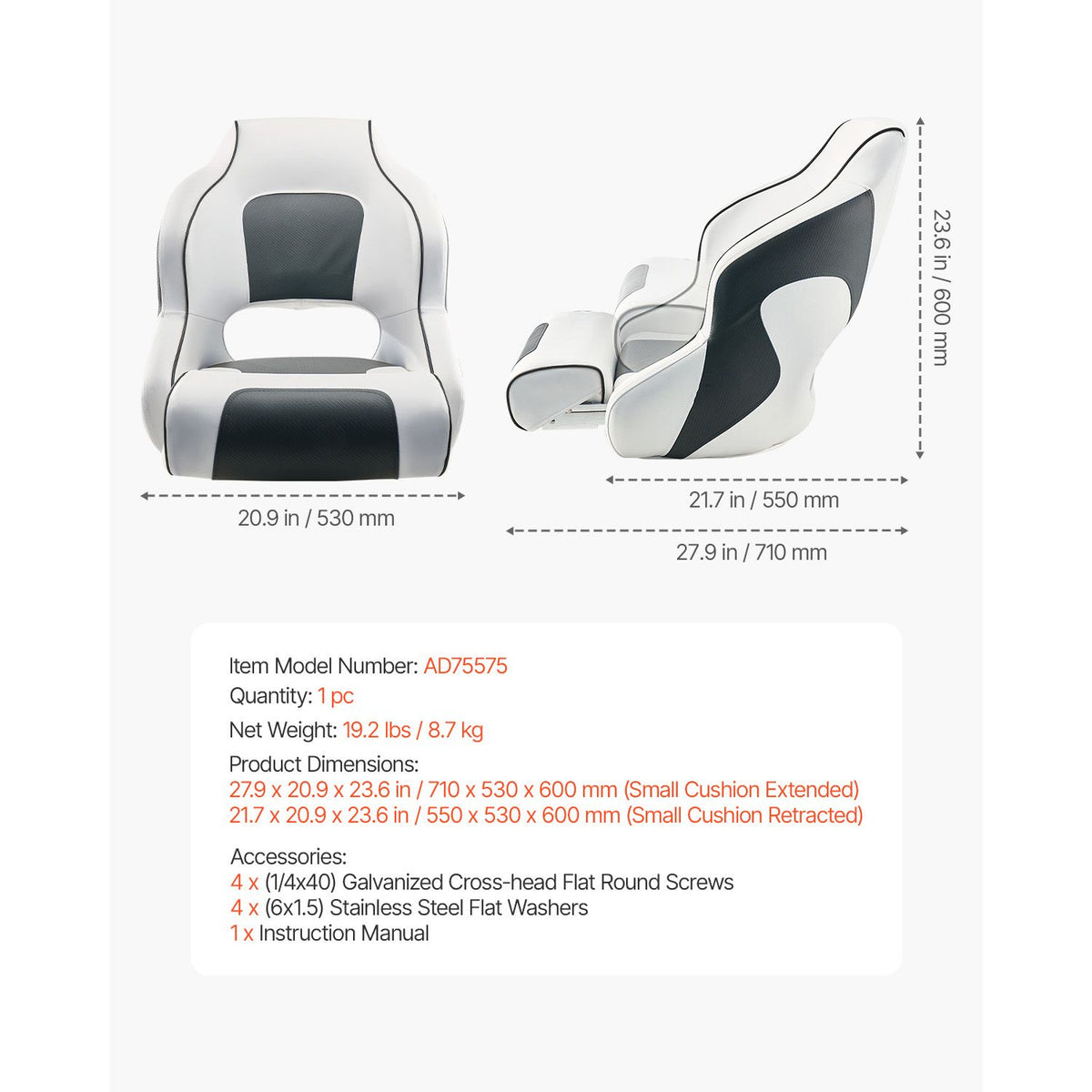 Boat Seat, High Backrest, Flip Up Boat Seat Captain Bucket Seat with Thickened Sponge Cushion & Waterproof PVC Leather, Ergonomic Design, Folding Boat Seat for Boats, Yachts, Ships, White & Grey