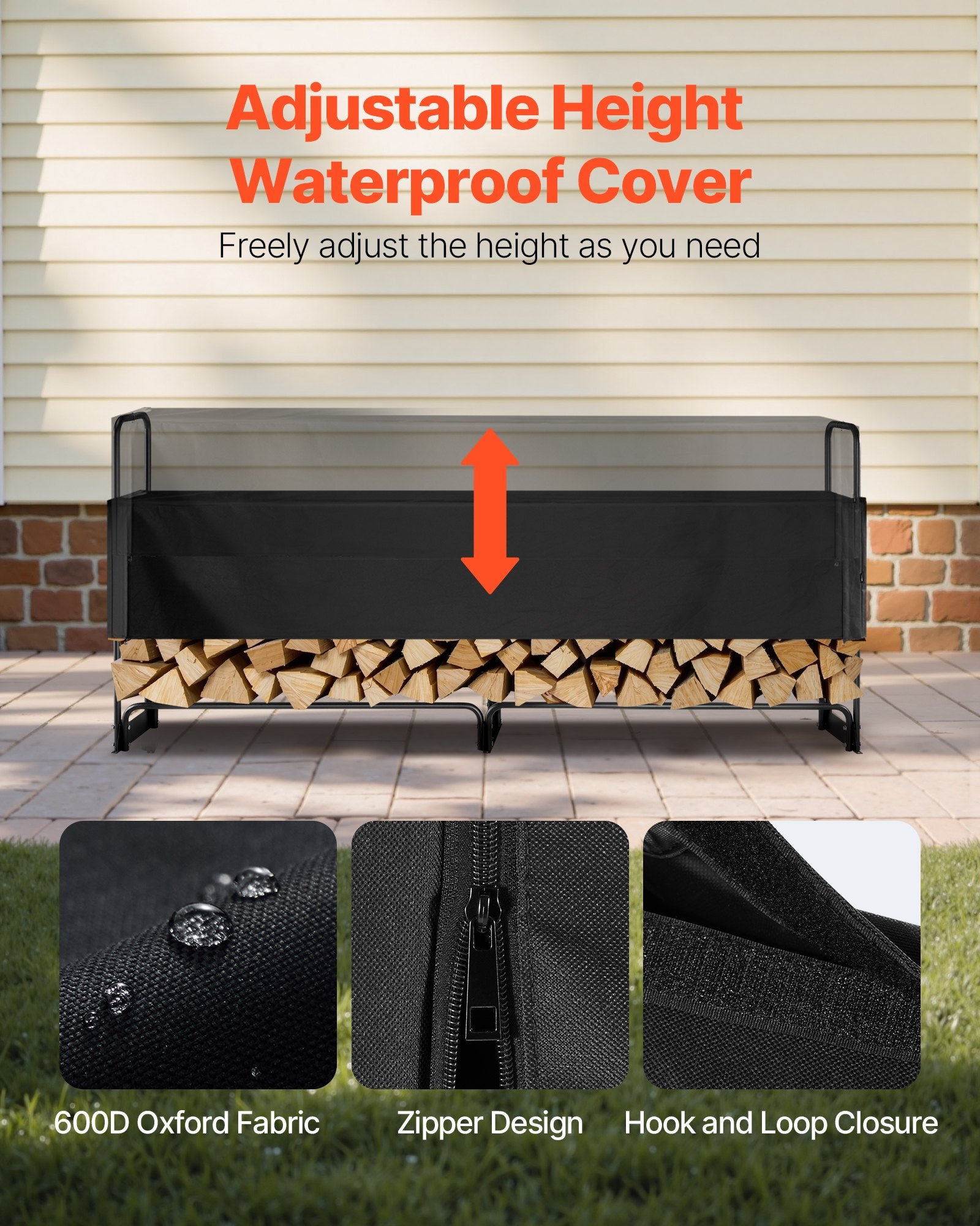 Firewood Rack with Waterproof Cover, 257 x 36 x 117 cm Outdoor Firewood Holder, 660lb Weight Capacity, 1/2 Cord Log Holder, Half-Covered, Powder-coated Wood Storage Rack for Fireplace Deck