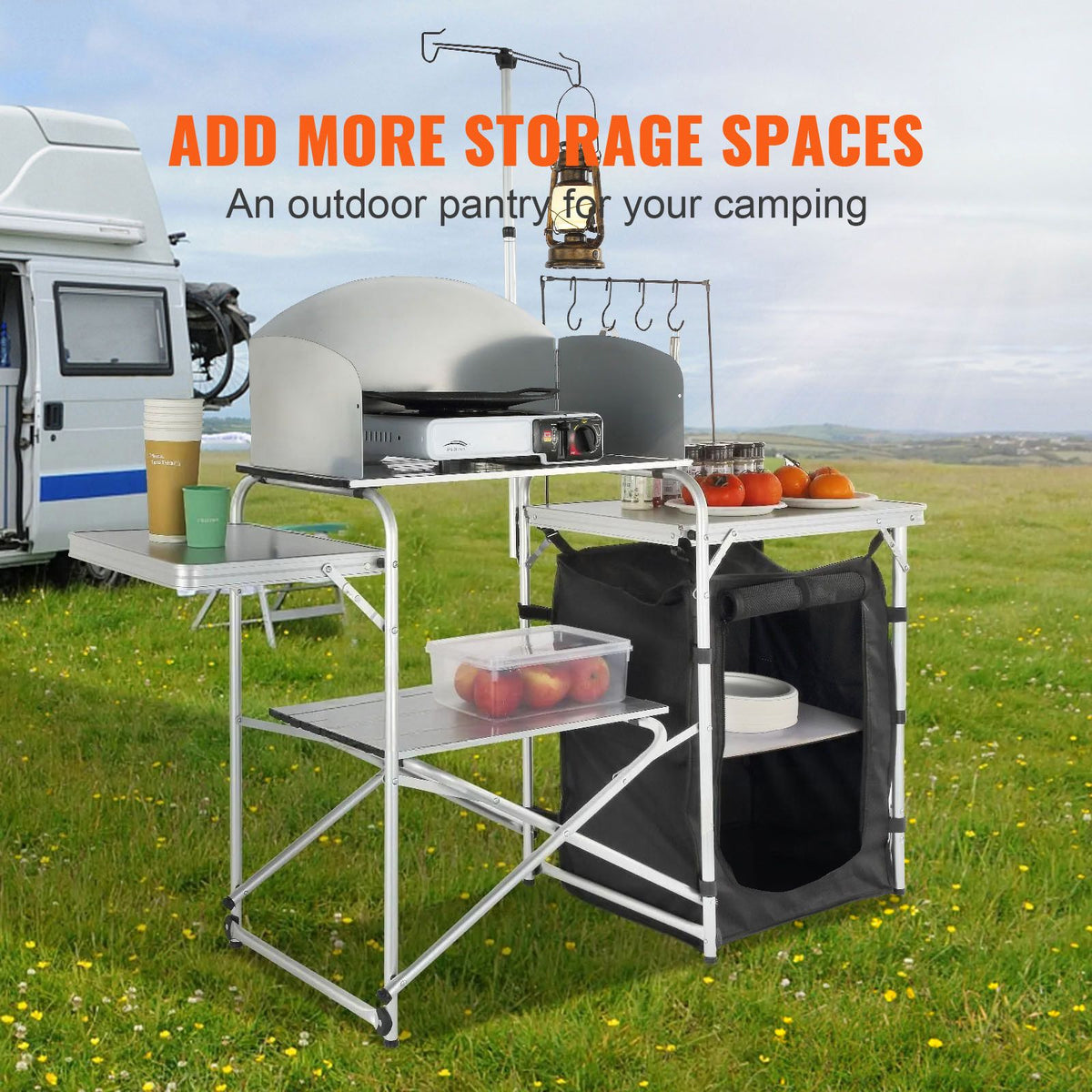 Camping Kitchen Table, Folding Outdoor Cooking Table with Storage Carrying Bag, Aluminum Cook Station 1 Cupboard & Detachable Windscreen, Quick Set-up for Picnics, BBQ, RV Traveling, Black