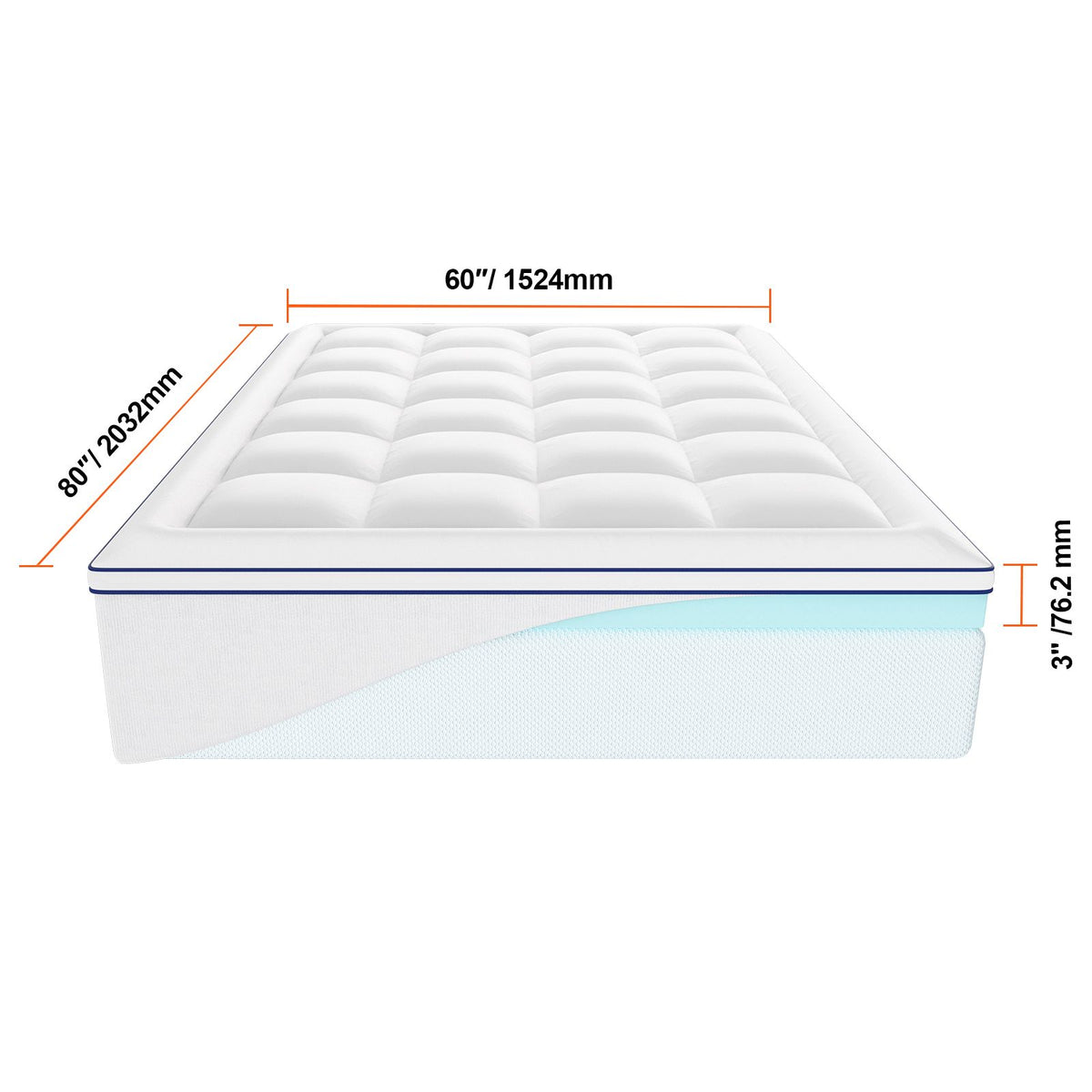 Mattress Topper, Queen Size, 76.2 mm Thickness, Memory Foam, Fiber Fill, Detachable & Washable, Ergonomically Designed for Pressure Relief, Comfortable Cooling & Breathable, for Hot Sleepers