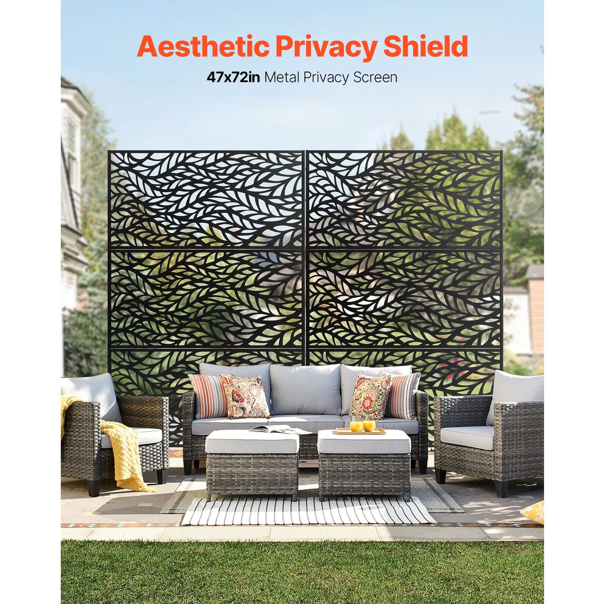 Metal Privacy Screen, 47" W x 72" H, Outdoor Privacy Screens & Panels, Freestanding Outdoor Divider with Stand, 3-Panel Decorative Garden Steel Privacy Fence for Balcony Patio Indoor Room Black