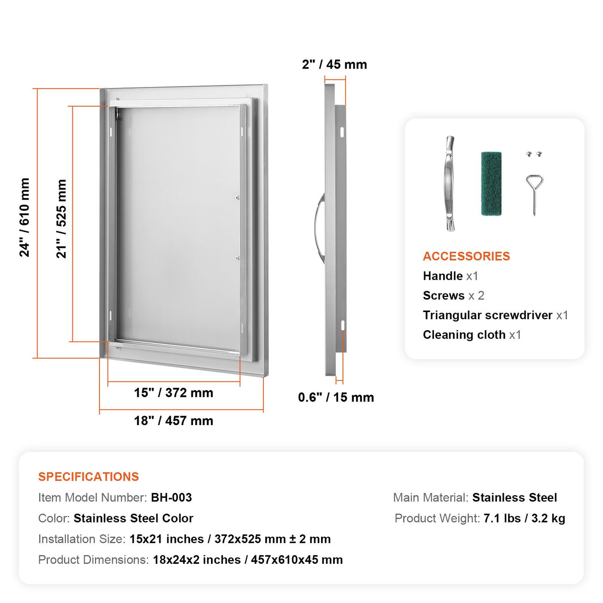 BBQ Access Door, 457x610 mm Single Outdoor Kitchen Door, Stainless Steel Flush Mount Door, Wall Vertical Door with Handle, for BBQ Island, Grilling Station, Outside Cabinet