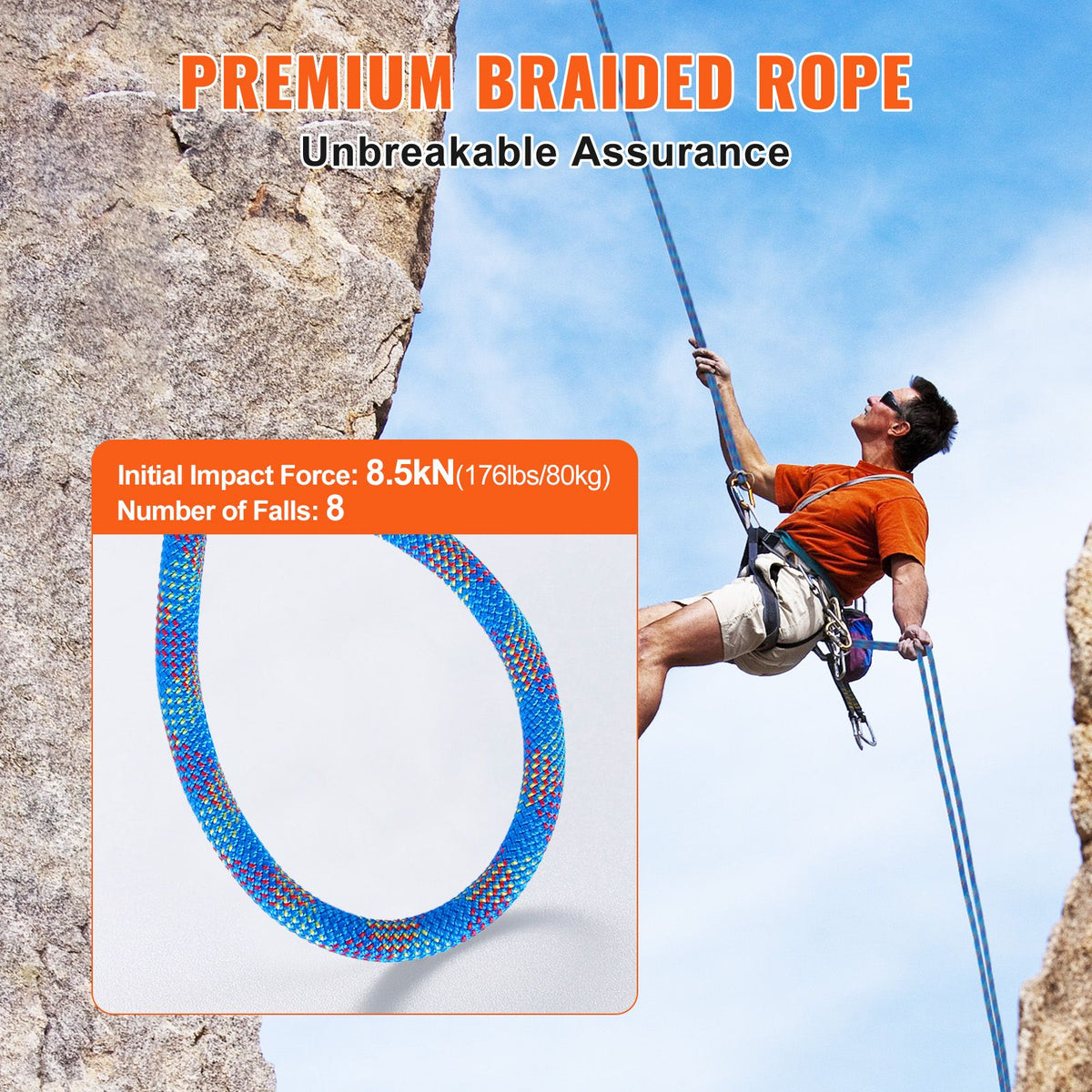 10.2mm Dynamic Climbing Rope, 60M(197ft) Outdoor Rock Climbing Rope 25KN Breaking Tension, Stretchable Fiber Rope with Steel Snap Hooks for Escape, Rappelling, Fire Rescue, Blue