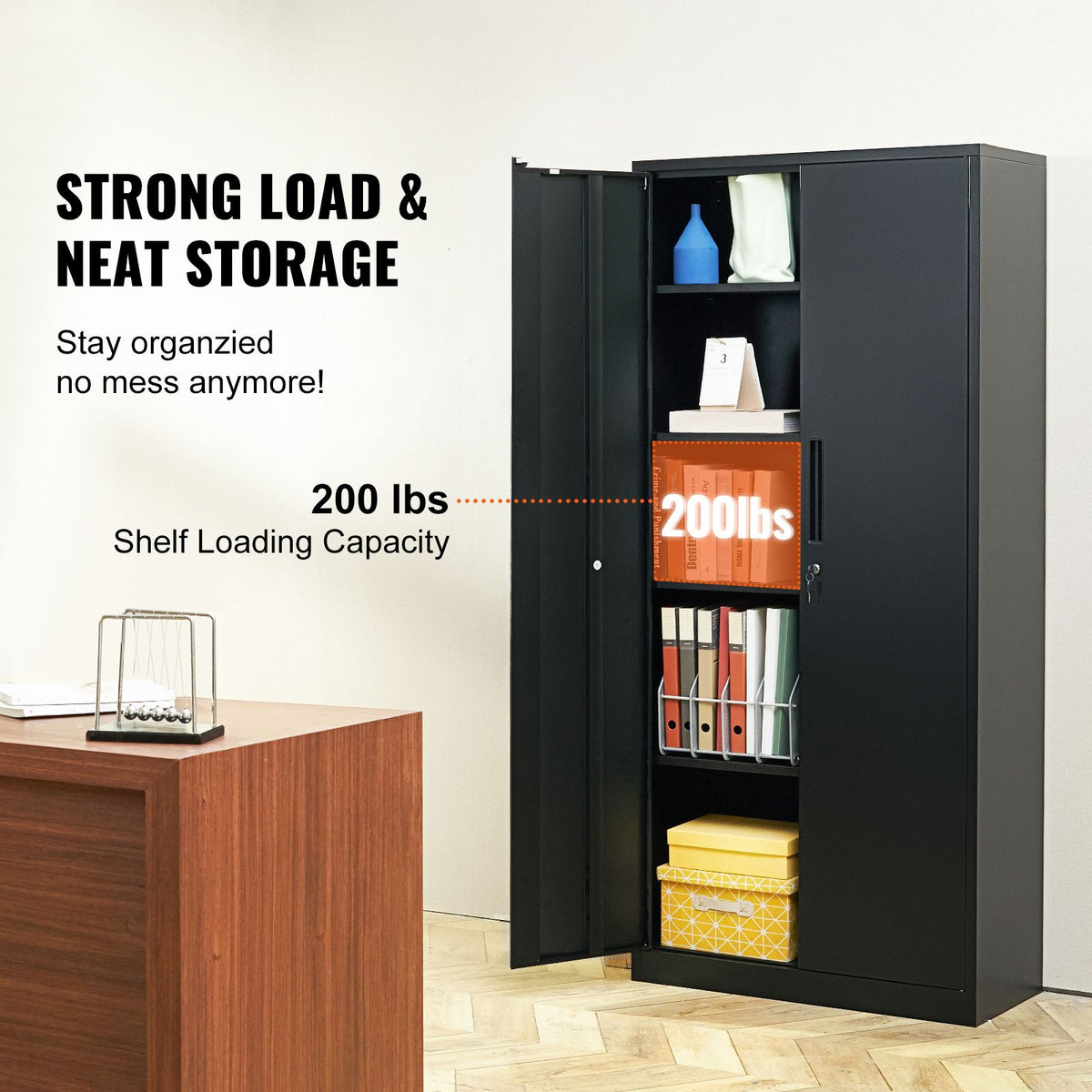 Metal Storage Cabinet with 2 Magnetic Doors and 4 Adjustable Shelves, 90 kg Capacity per Shelf, Locking Steel Storage Cabinet, 1.8 m Metal Cabinet with 3 Keys, for Office, Garage, Home, Black
