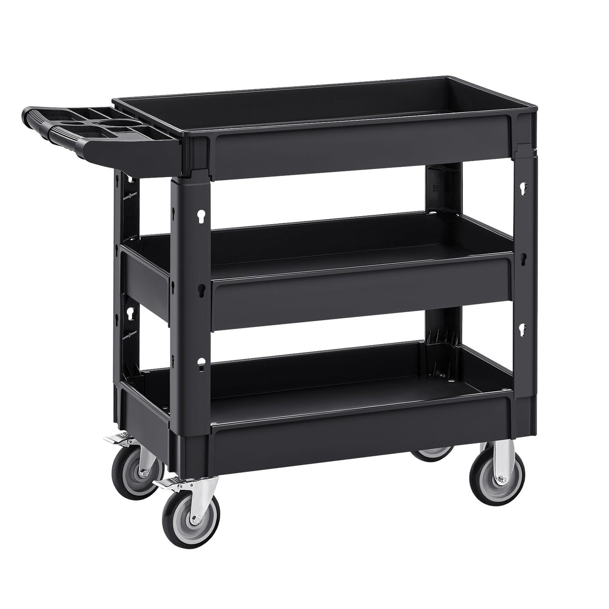 Utility Service Cart, 550 LBS Laod Capacity, 3 Shelf Heavy Duty Plastic Rolling Utility Cart with 360° Swivel Wheels (2 with Brakes), Ergonomic Storage Handle for Warehouse/Garage/Cleaning