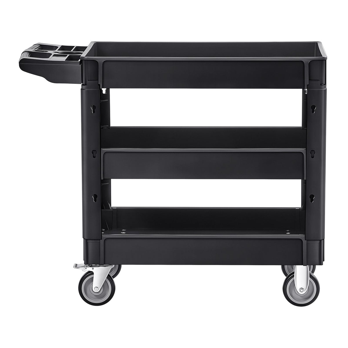 Utility Service Cart, 550 LBS Laod Capacity, 3 Shelf Heavy Duty Plastic Rolling Utility Cart with 360° Swivel Wheels (2 with Brakes), Ergonomic Storage Handle for Warehouse/Garage/Cleaning