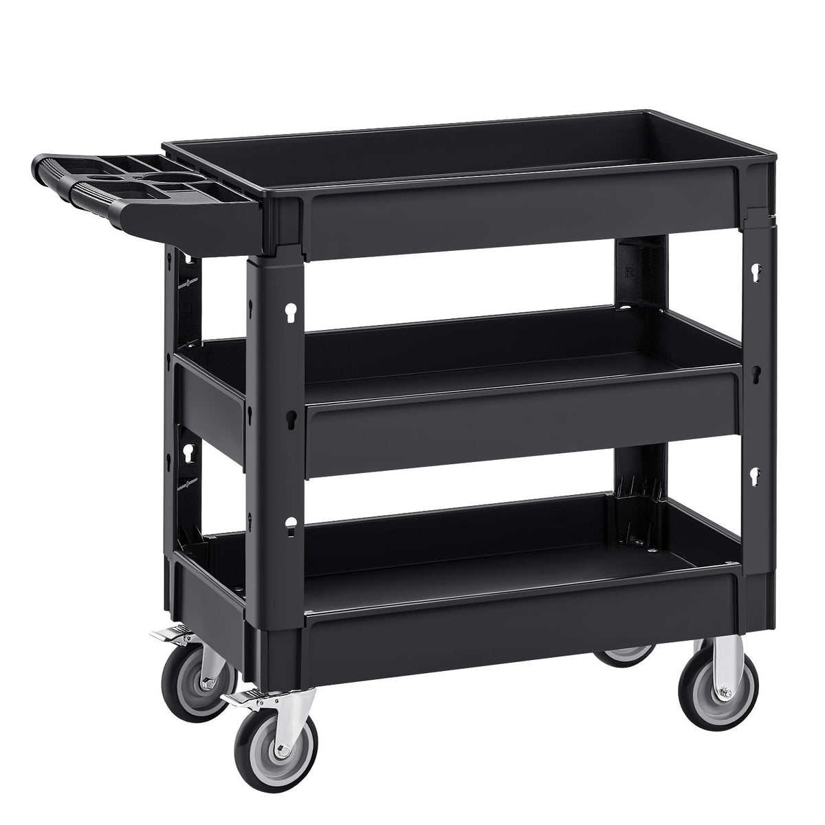 Utility Service Cart, 550 LBS Laod Capacity, 3 Shelf Heavy Duty Plastic Rolling Utility Cart with 360° Swivel Wheels (2 with Brakes), Ergonomic Storage Handle for Warehouse/Garage/Cleaning