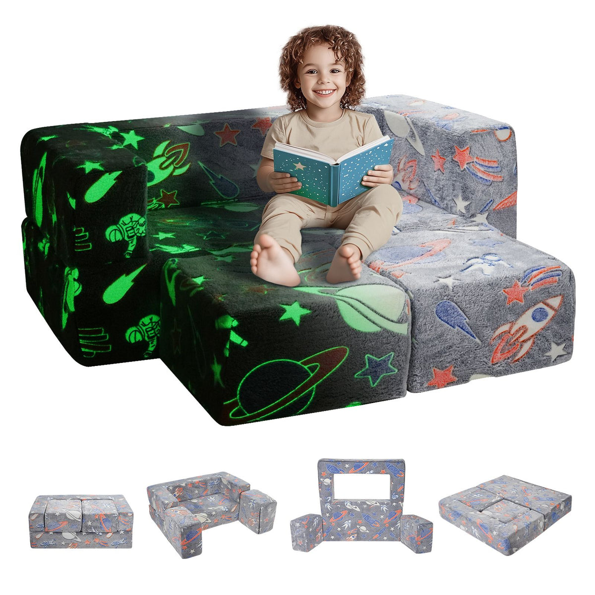 Modular Kids Play Couch 4Pcs DIY Glow in the Dark Toddler Chair Grey