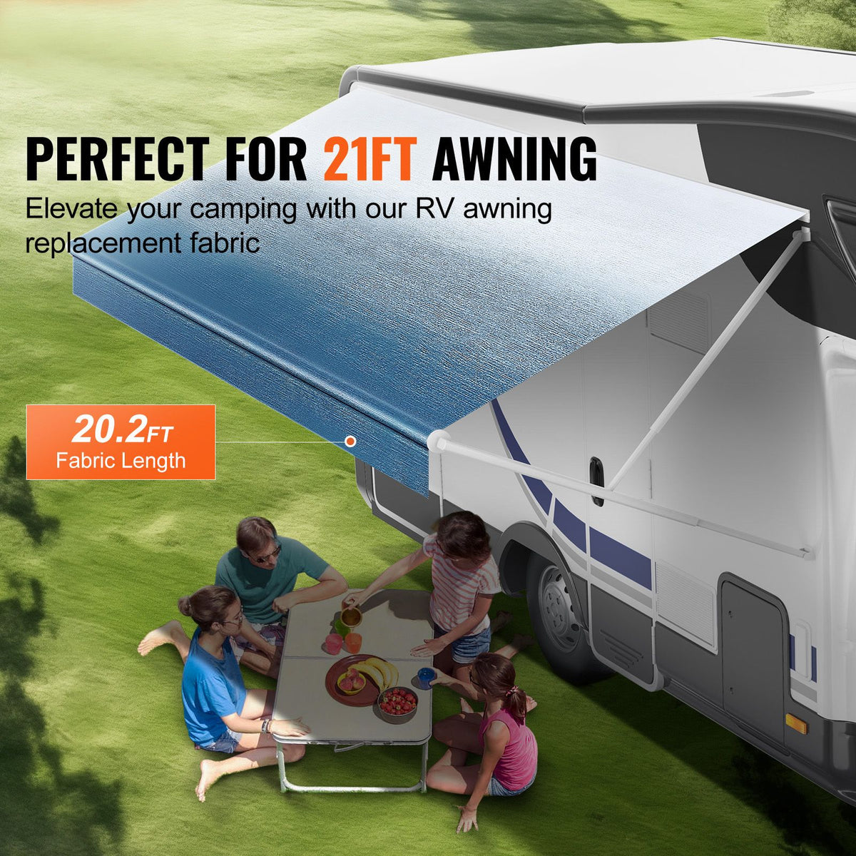 RV Awning Fabric Replacement, 6.15m Fabric Length for 6.4m Awning, Heavy Duty 3-Ply 16oz PVC Camper Awning Fabric, Waterproof & UV Protection Outdoor Canopy for RV, Trailer, Motorhome, Blue Fade