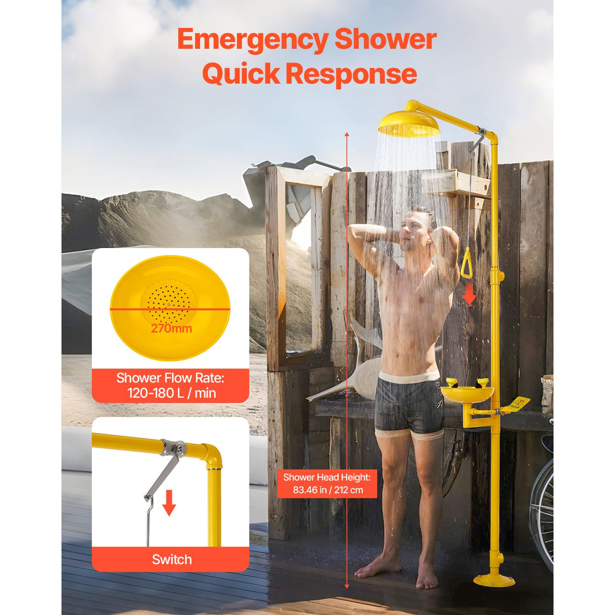 Emergency Shower Eye Wash Station, 34.25 x 15.75 x 91.73 Inch 304 Stainless Steel Eyewash and Shower Combination, OSHA-Approved First Aid Eye Wash Station, for Schools, Labs, Factories, Yellow
