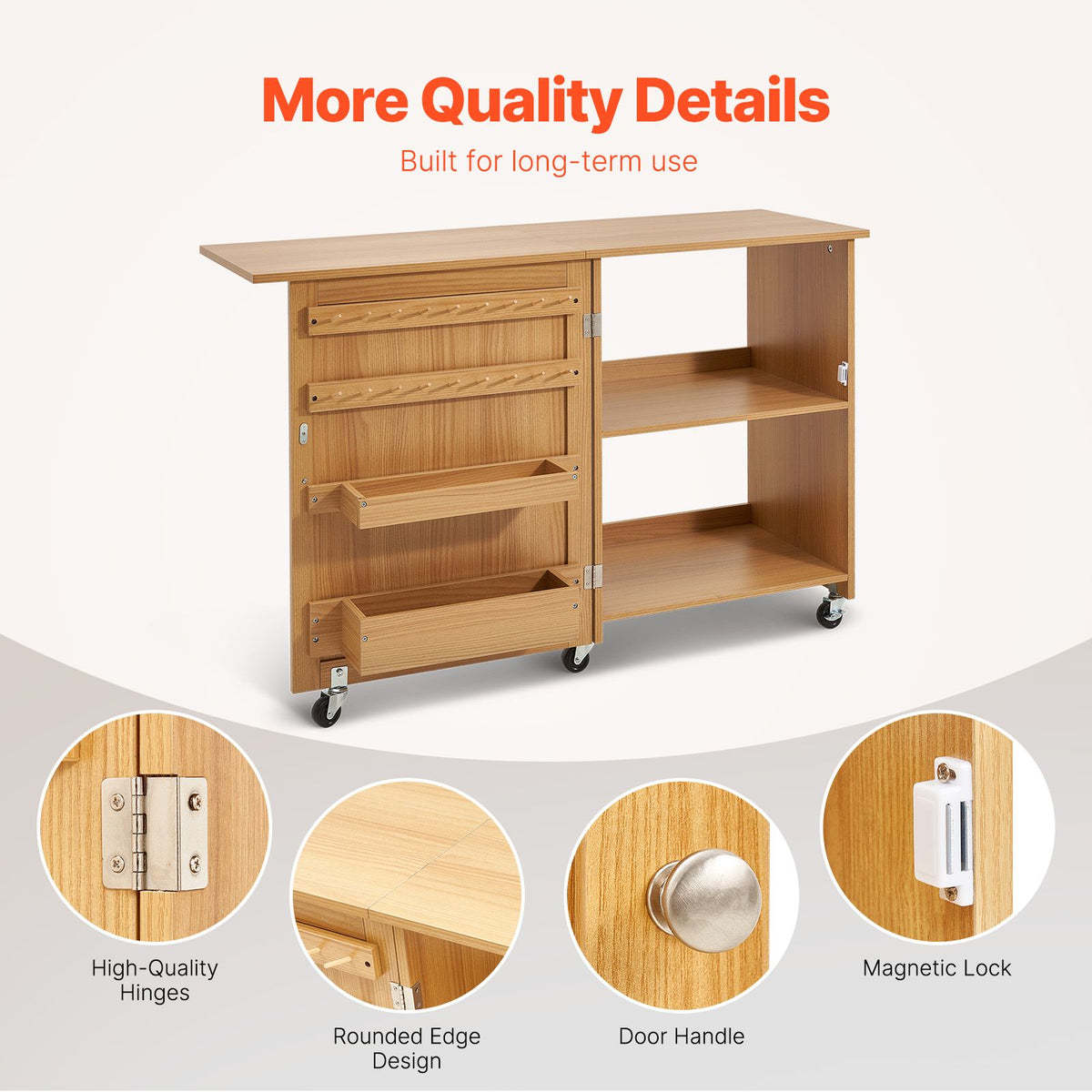 Folding Sewing Table with Lockable Wheels Shelves Trays Door Wood Color