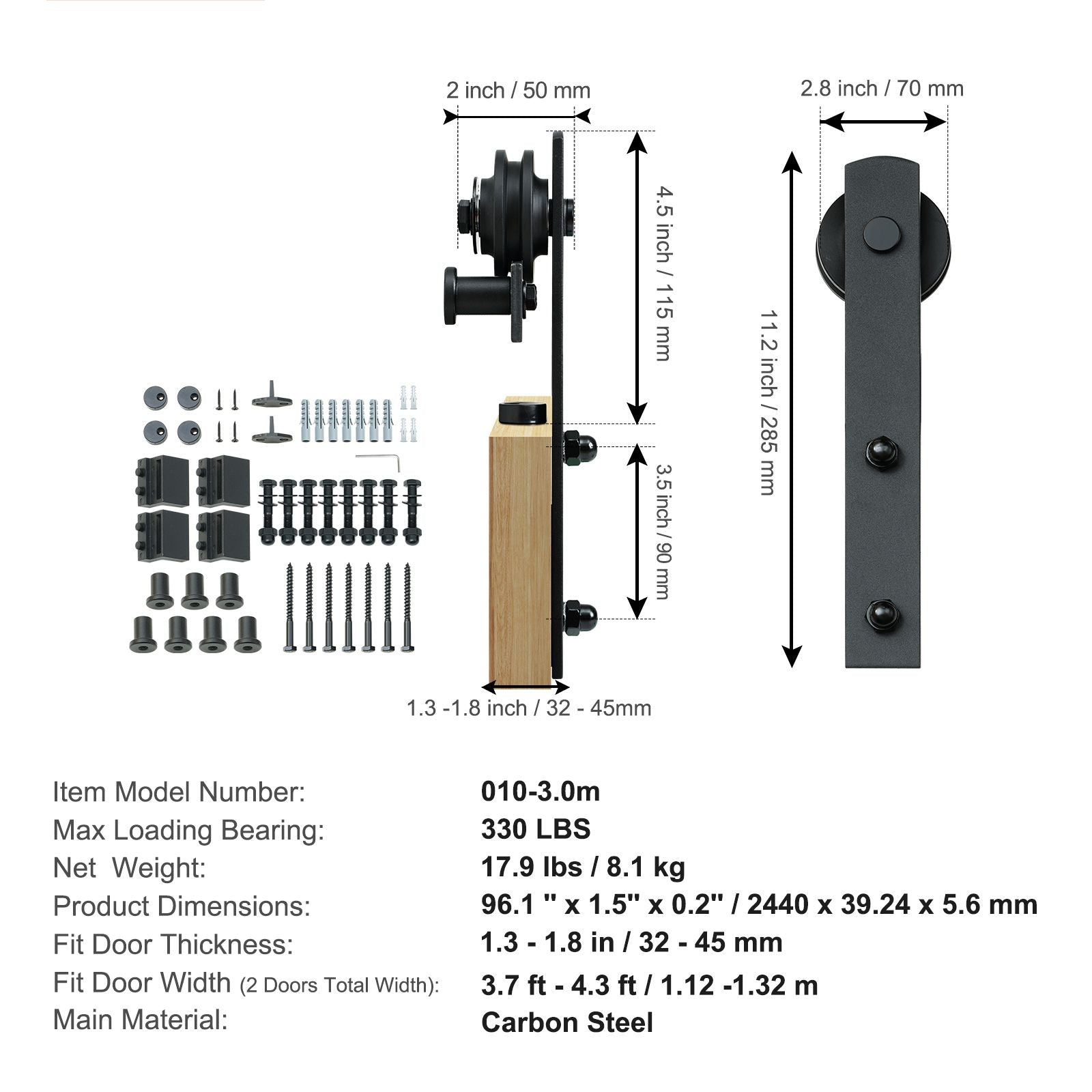 8FT Sliding Barn Door Hardware Closet Track Kit for Double Doors I Hanger