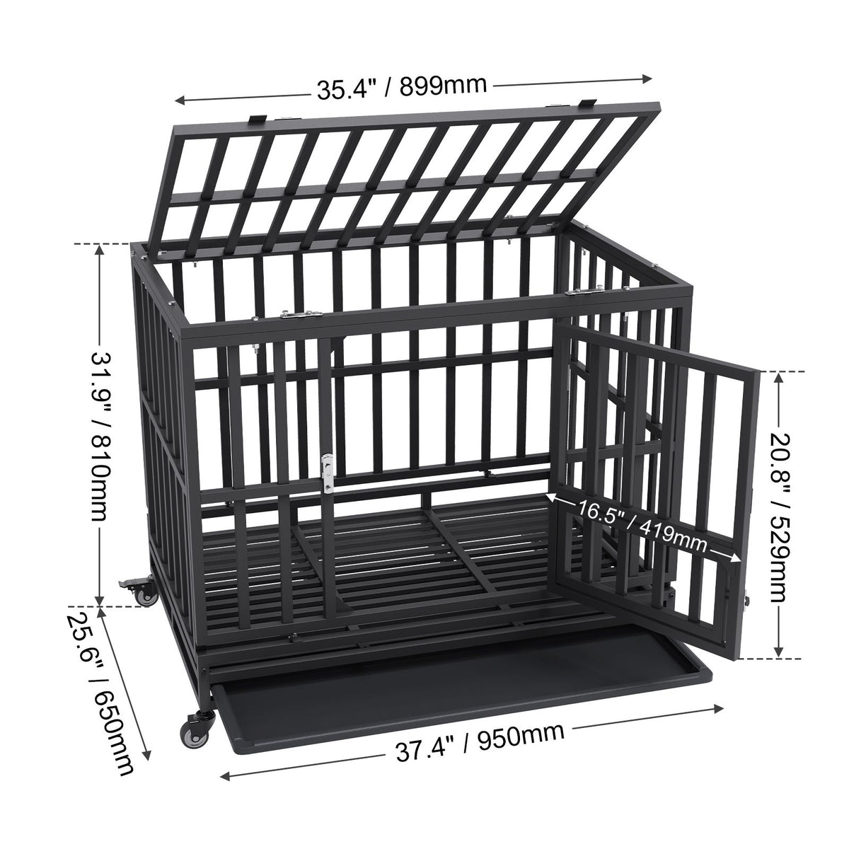 Heavy Duty Dog Crate 38 in Metal Dog Kennel with Wheels and Removable Tray