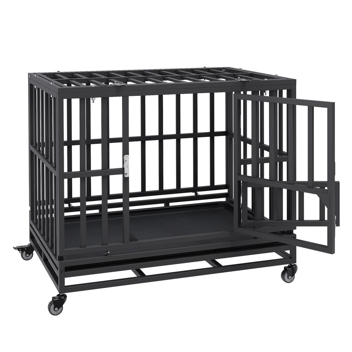 Heavy Duty Dog Crate 38 in Metal Dog Kennel with Wheels and Removable Tray