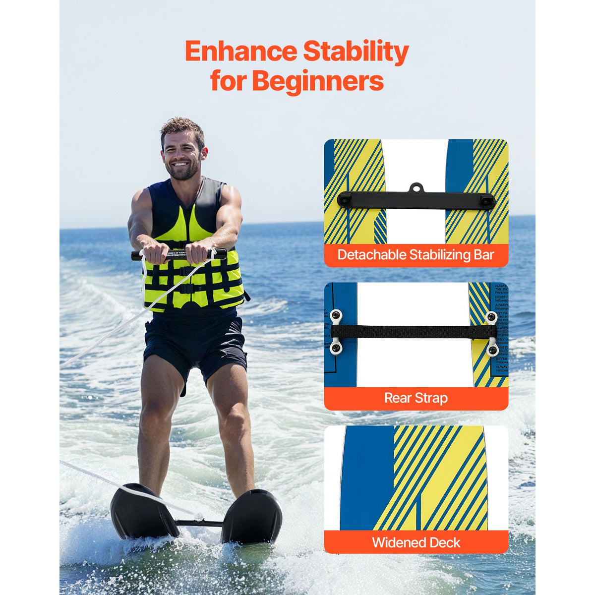 Water Skis 116.8 cm / 46 inch, Water Ski Trainers with X-7 Adjustable Bindings, Double-Handle Rope & Removable Stabilizing Bar, Training Waterskis Combo for Youth Up to 136 kg