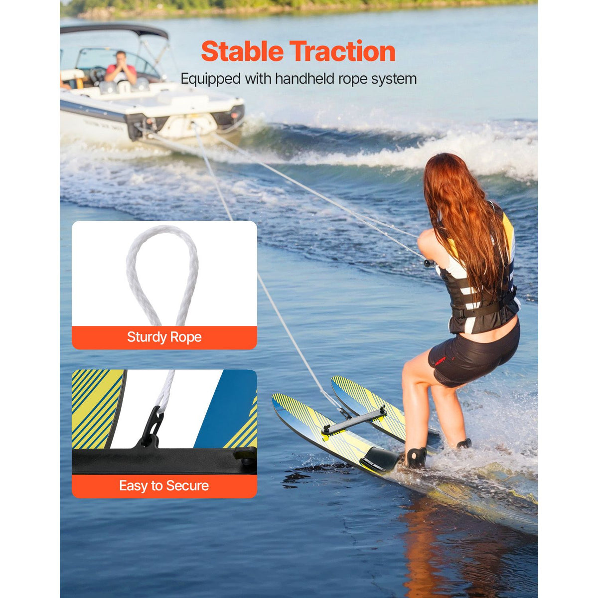 Water Skis 116.8 cm / 46 inch, Water Ski Trainers with X-7 Adjustable Bindings, Double-Handle Rope & Removable Stabilizing Bar, Training Waterskis Combo for Youth Up to 136 kg