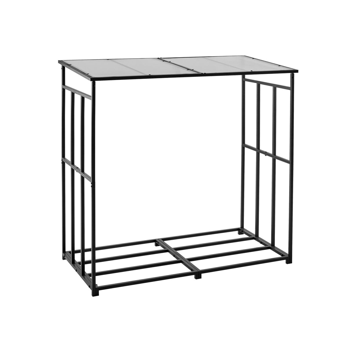 Firewood Rack with Sloped Roof, 143cm Outdoor Firewood Holder, 1/4 Cord Log Storage Shed, 299kg Max Weight Capacity, Powder-Coated Metal Wood Storage Rack for Fireplace Deck Backyard Garden