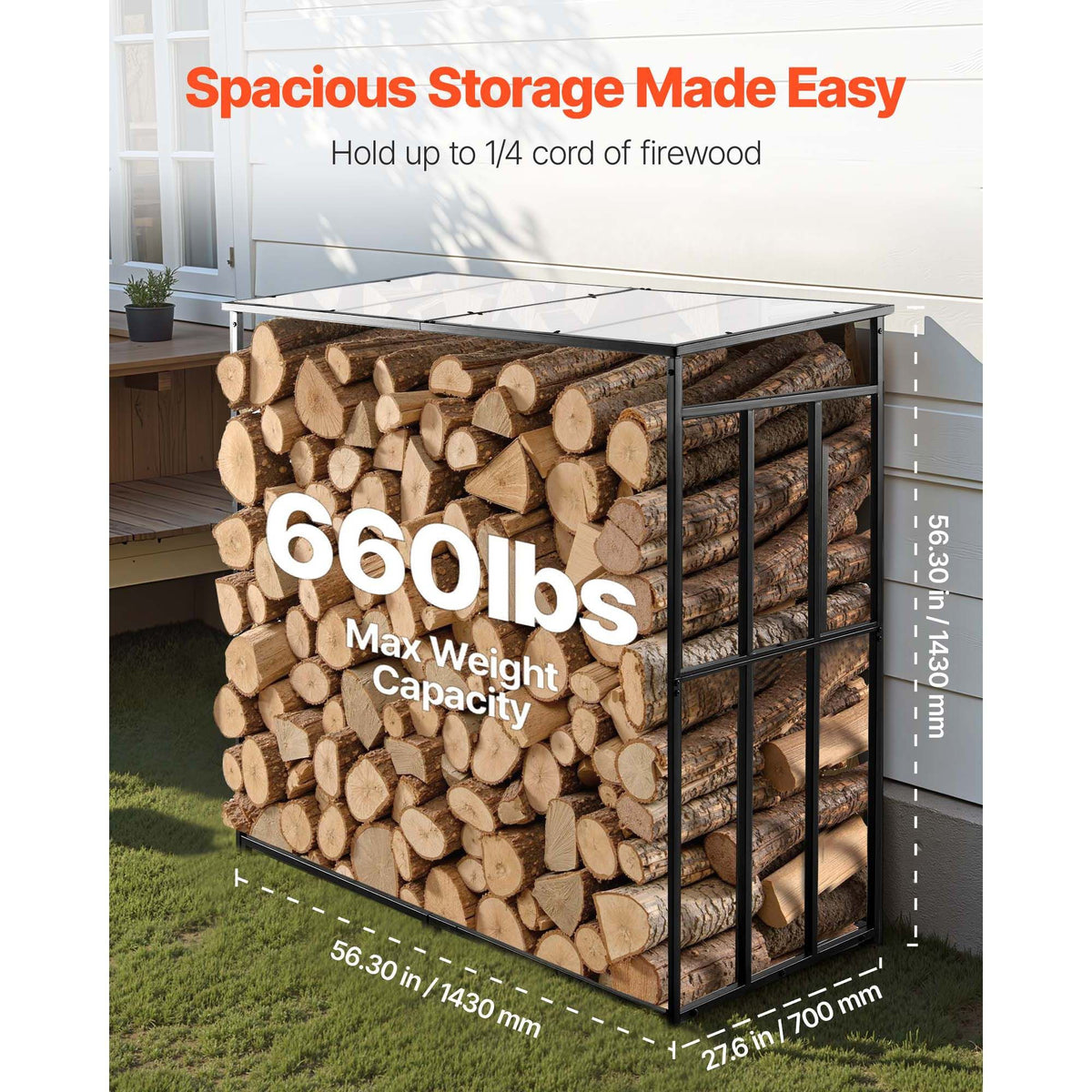 Firewood Rack with Sloped Roof, 143cm Outdoor Firewood Holder, 1/4 Cord Log Storage Shed, 299kg Max Weight Capacity, Powder-Coated Metal Wood Storage Rack for Fireplace Deck Backyard Garden