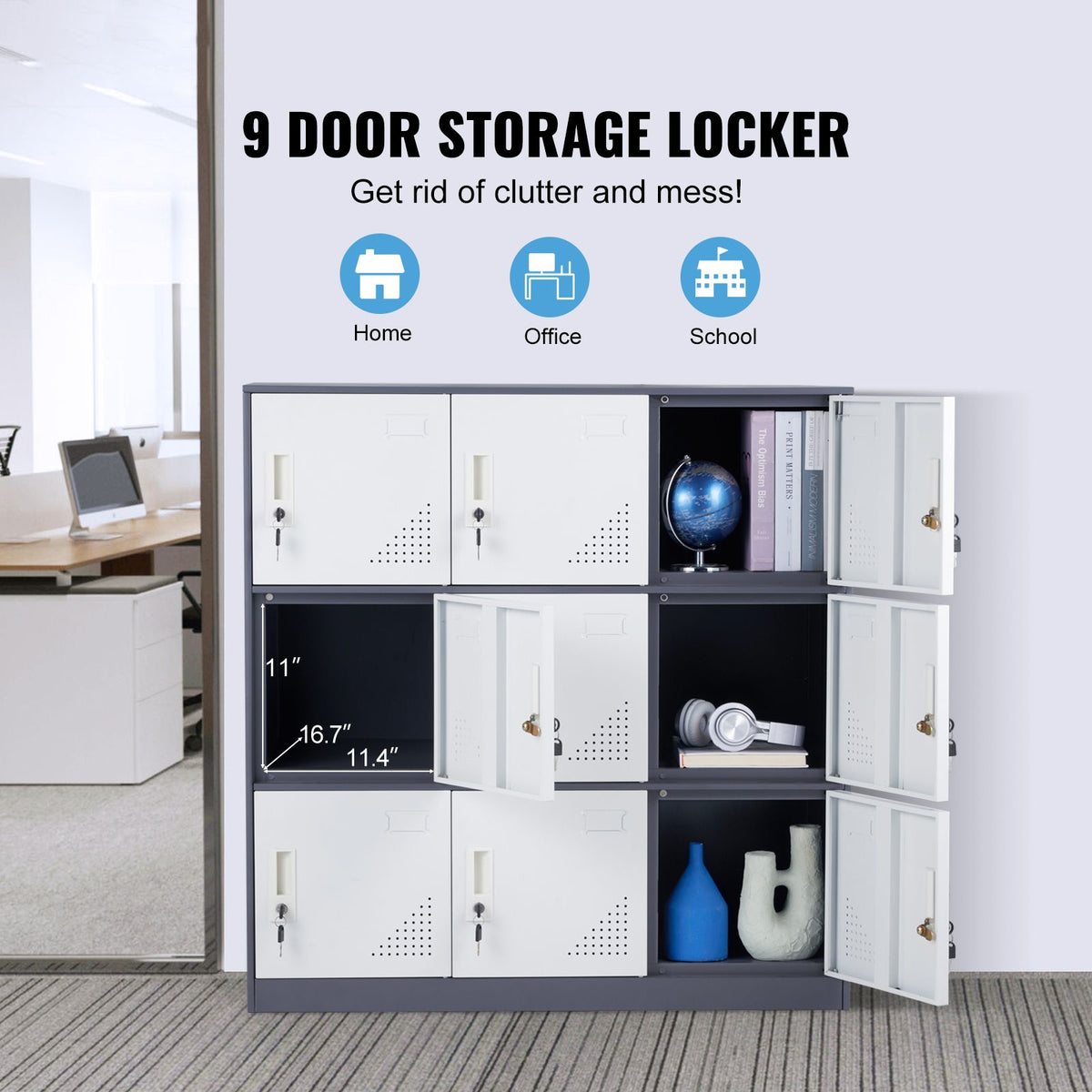 9 Doors Metal Storage Cabinet Employees Steel Storage Cabinet Office Gray