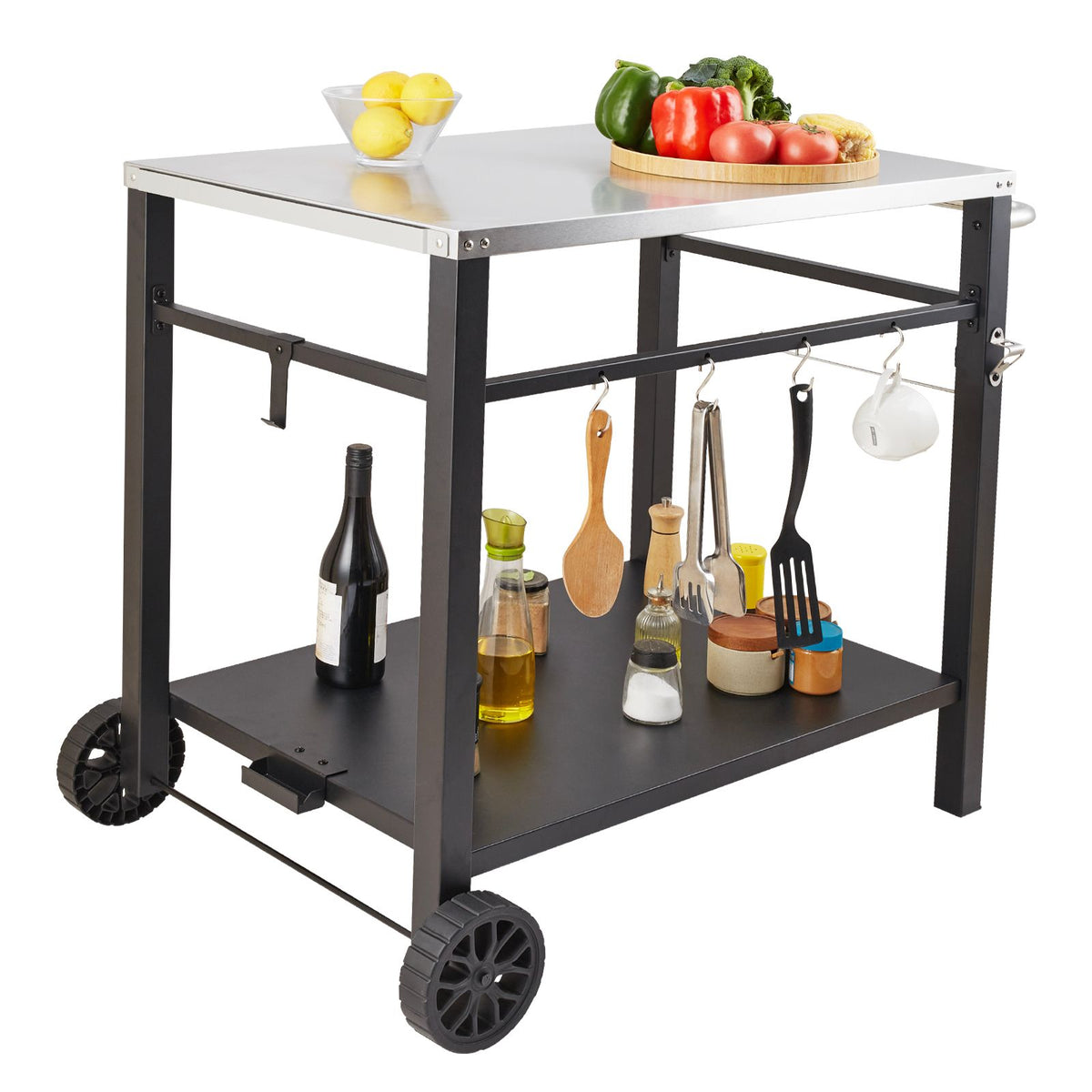 Outdoor Grill Dining Cart with Double-Shelf, 85*55cm BBQ Movable Food Prep Table, Multifunctional Stainless Steel Table Top, Portable Modular Carts for Pizza Oven, Worktable with 2 Wheels, Carry Handle