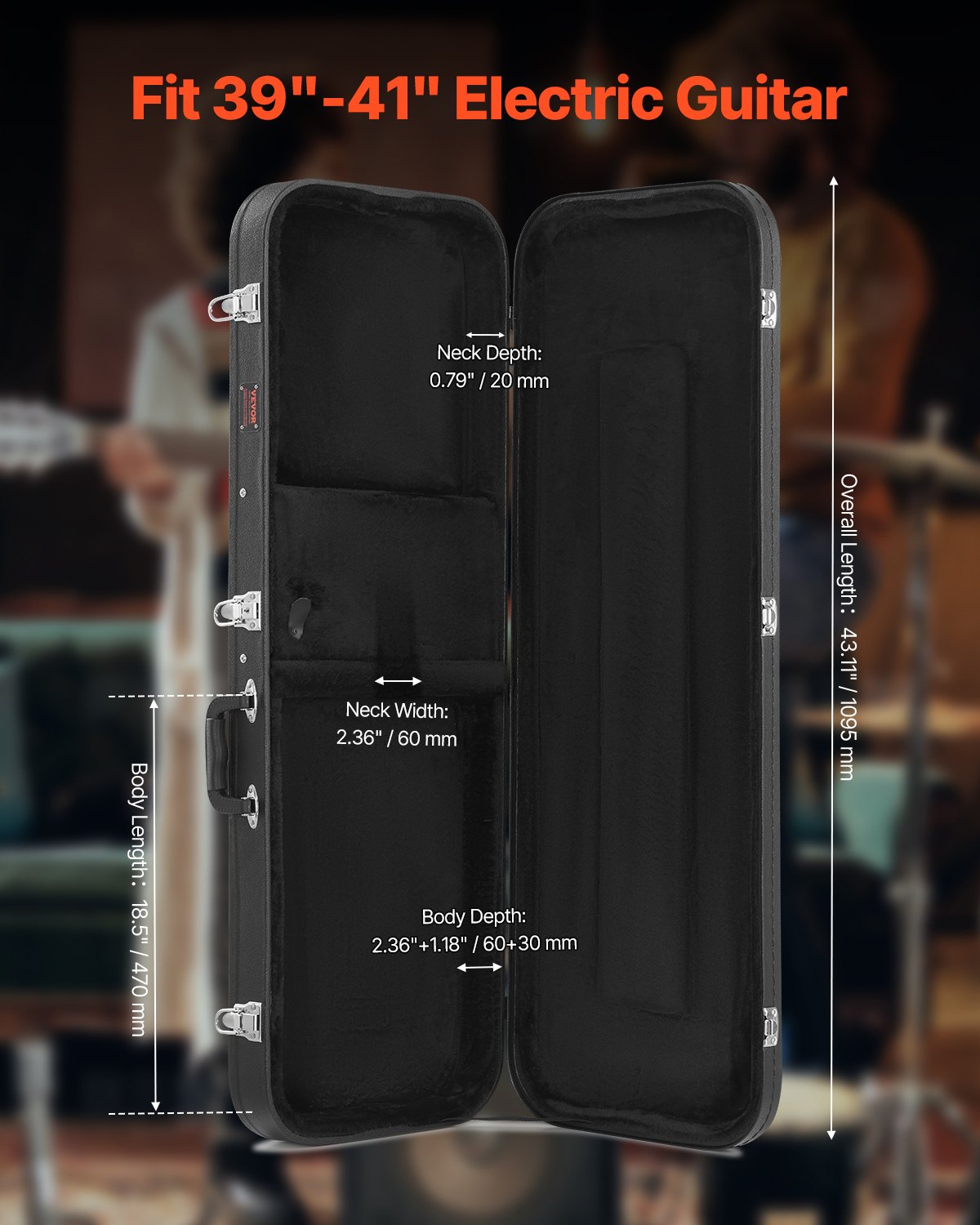 VEVOR Electric Guitar Hard Case, 1095 mm Rectangular Guitar Hard Case, With Lock Latch Keys Handle, PVC Padding Soft Lining Water-Resistant Hard Shell Guitar Cases, for 990 mm Electric Guitars, Black
