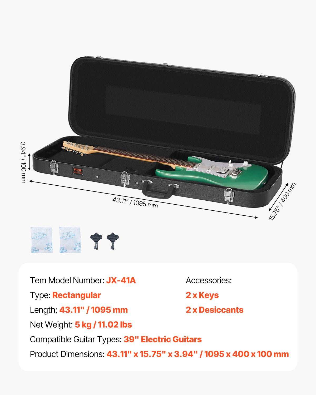 VEVOR Electric Guitar Hard Case, 1095 mm Rectangular Guitar Hard Case, With Lock Latch Keys Handle, PVC Padding Soft Lining Water-Resistant Hard Shell Guitar Cases, for 990 mm Electric Guitars, Black