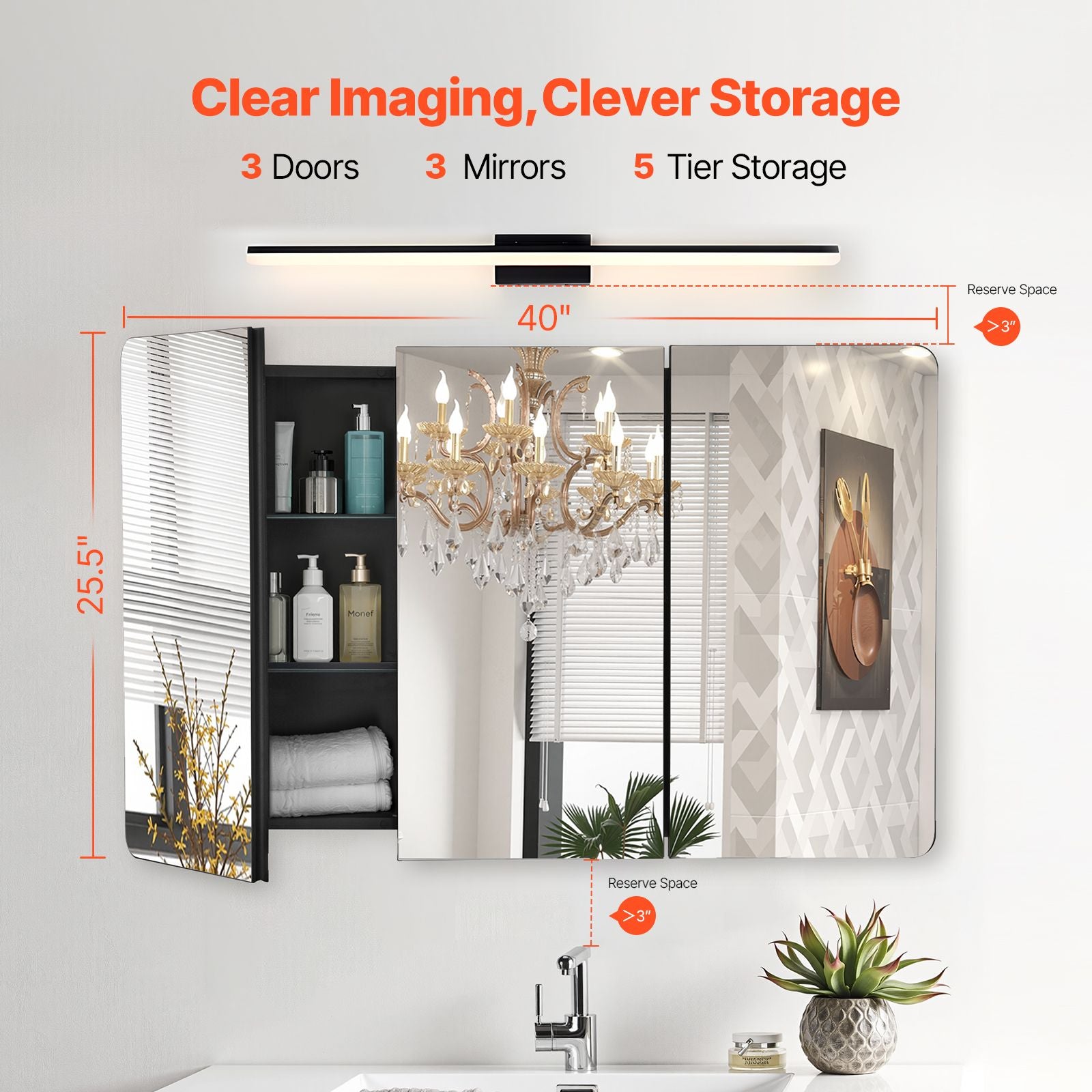Medicine Cabinet, 25.5 x 40 inch, Medicine Cabinet for Bathroom with Mirror,  Aluminum Frame Bathroom Wall Cabinet, 4-layer Adjustable Shelves, Recessed & Wall-mounted Installation