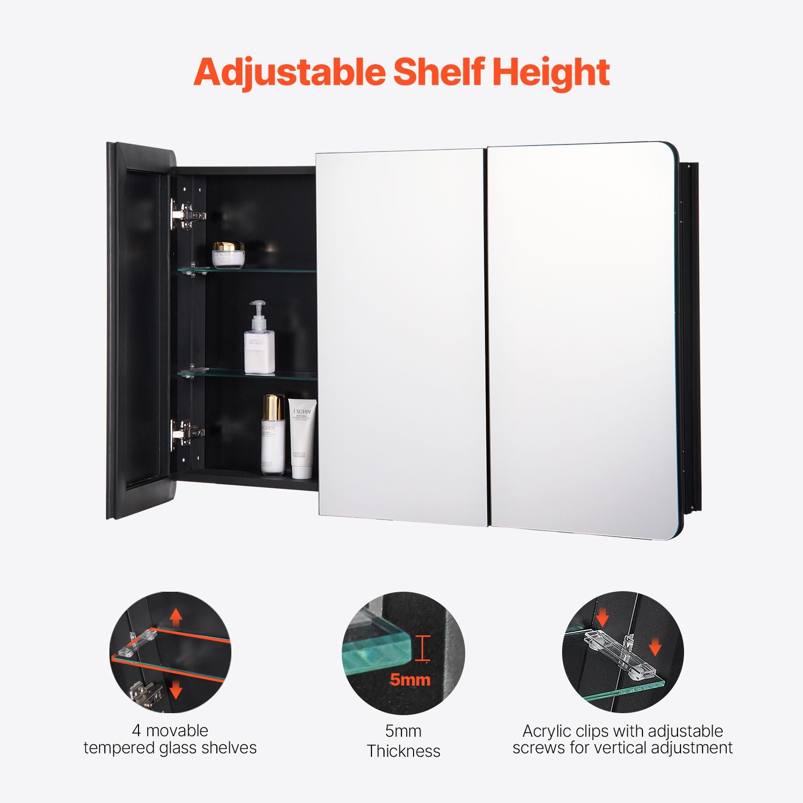 Medicine Cabinet, 25.5 x 40 inch, Medicine Cabinet for Bathroom with Mirror,  Aluminum Frame Bathroom Wall Cabinet, 4-layer Adjustable Shelves, Recessed & Wall-mounted Installation