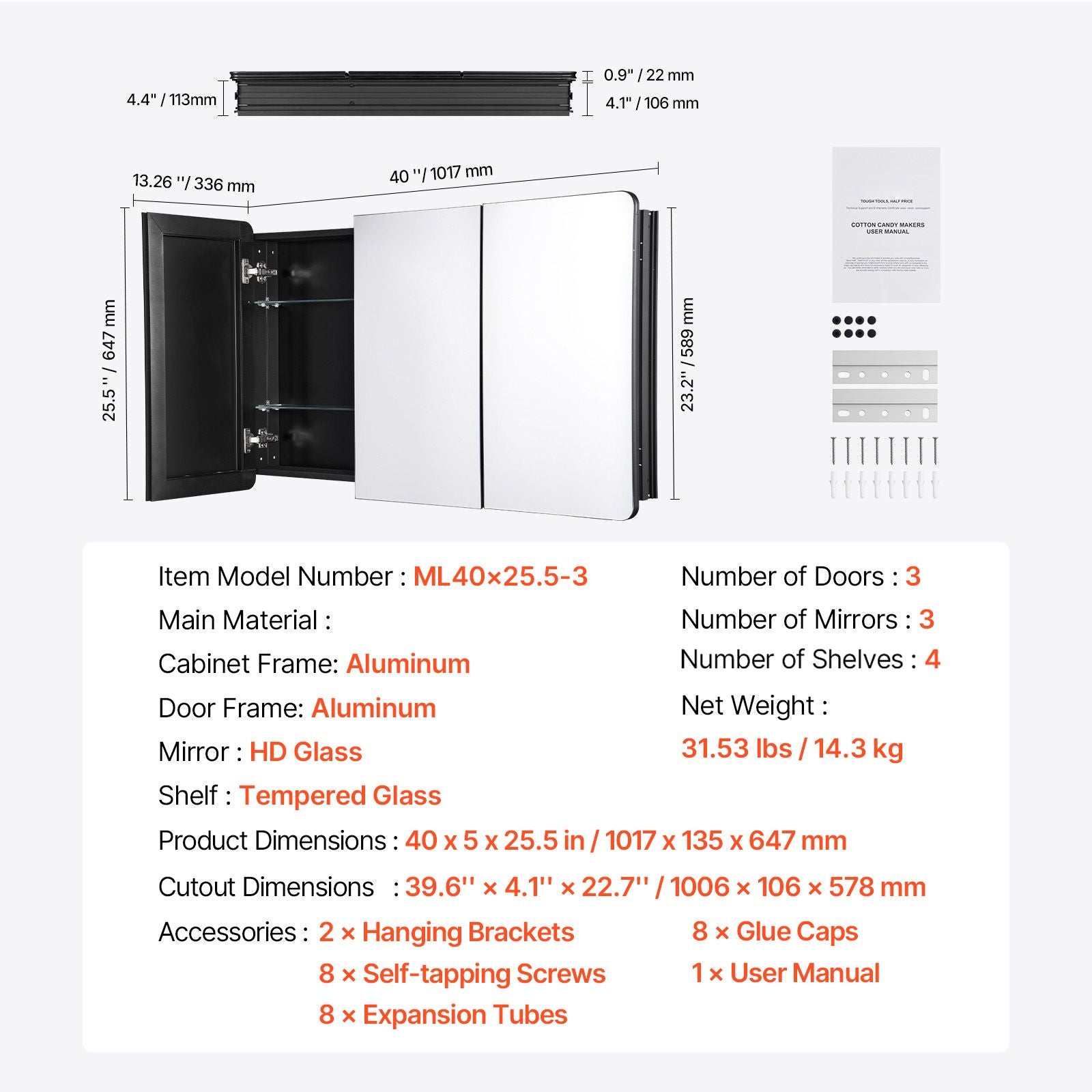 Medicine Cabinet, 25.5 x 40 inch, Medicine Cabinet for Bathroom with Mirror,  Aluminum Frame Bathroom Wall Cabinet, 4-layer Adjustable Shelves, Recessed & Wall-mounted Installation