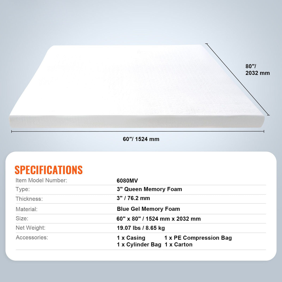 Mattress Topper Memory Foam Detachable & Washable Queen 76.2 mm Thickness