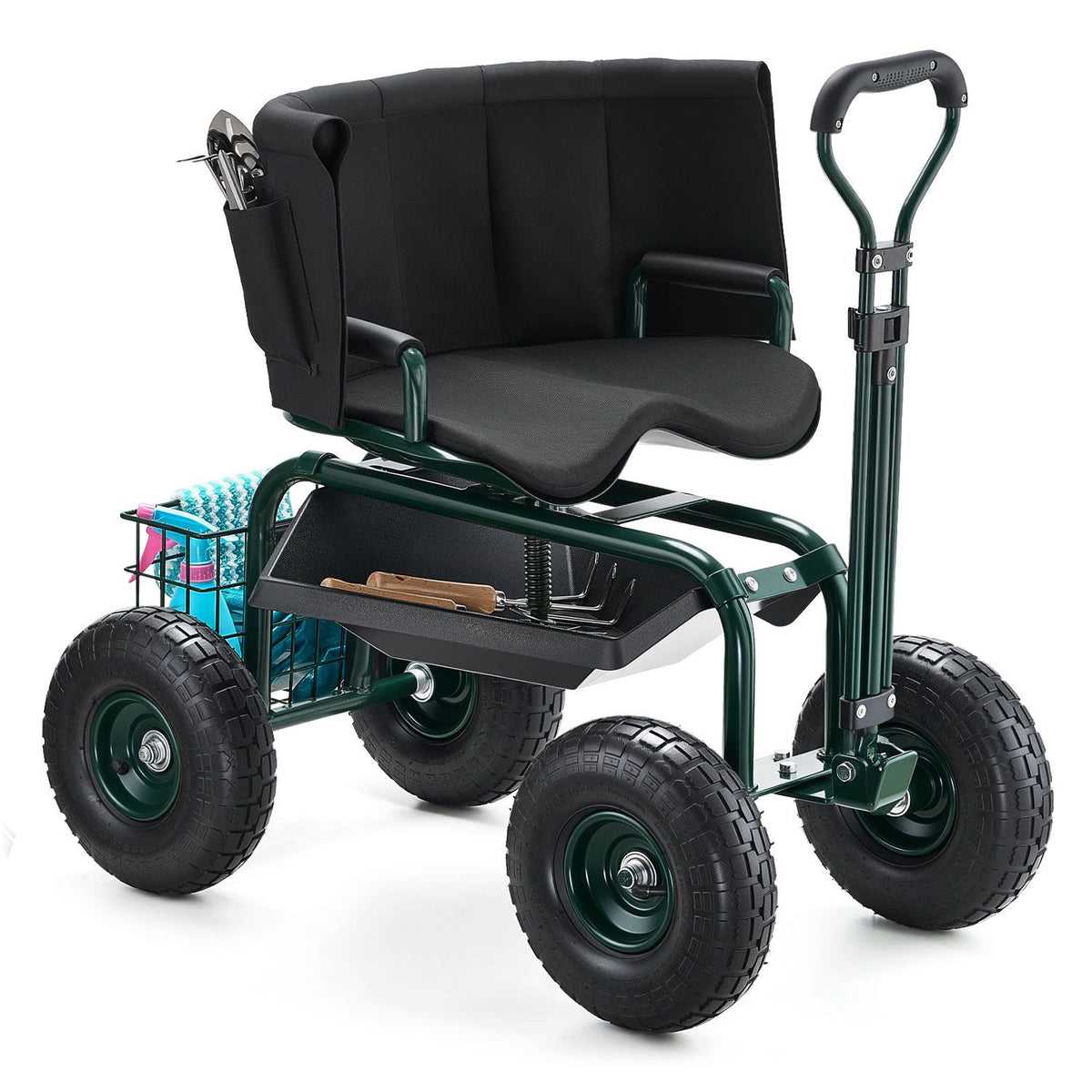 Rolling Garden Cart with Swivel Seat Wheels Extendable Handle Storage Box