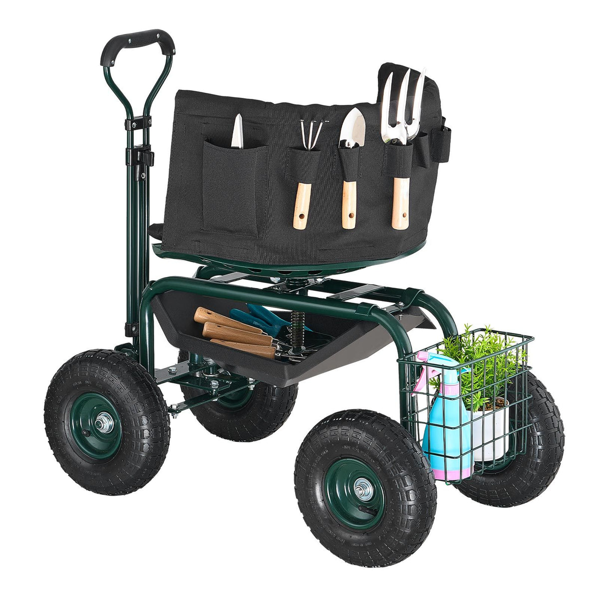 Rolling Garden Cart with Swivel Seat Wheels Extendable Handle Storage Box
