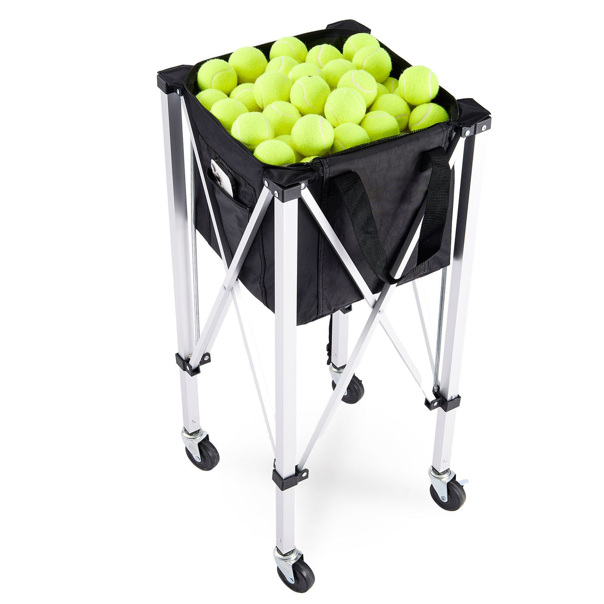 Foldable Tennis Ball Hopper, Holds 150 Tennis Balls, Lightweight Aluminum Alloy Tennis Ball Basket Cart with Wheels, Removable Bag, Carry Bag, Portable Sports Teaching Cart for Tennis Player