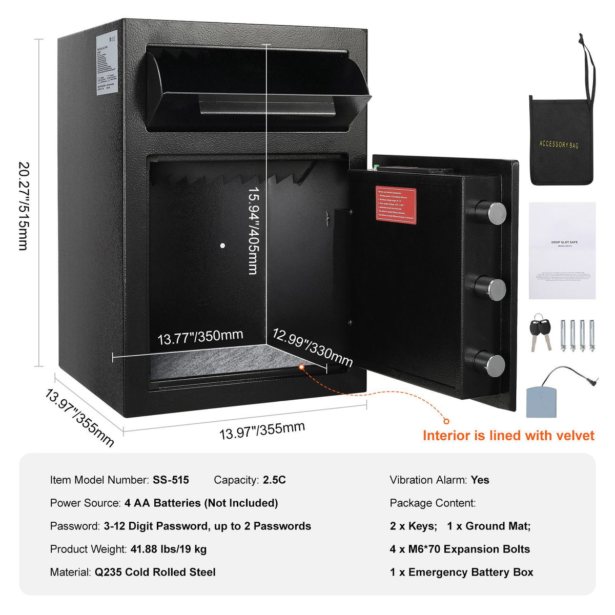 2.5 Cub Depository Safe, Deposit Safe with Drop Slot, Electronic Code Lock and 2 Emergency Keys, 20.27'' x 13.97'' x 13.97'' Business Drop Slot Safe for Cash, Mail in Home, Hotel, Office