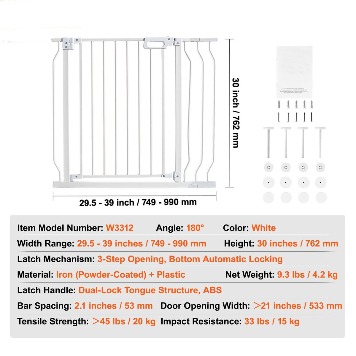 Baby Gate, 749-990 mm Extra Wide, 762 mm High, Dog Gate for Stairs Doorways and House, Easy Step Walk Thru Auto Close Child Gate Pet Security Gate with Pressure Mount Kit & Wall Mount Kit, White