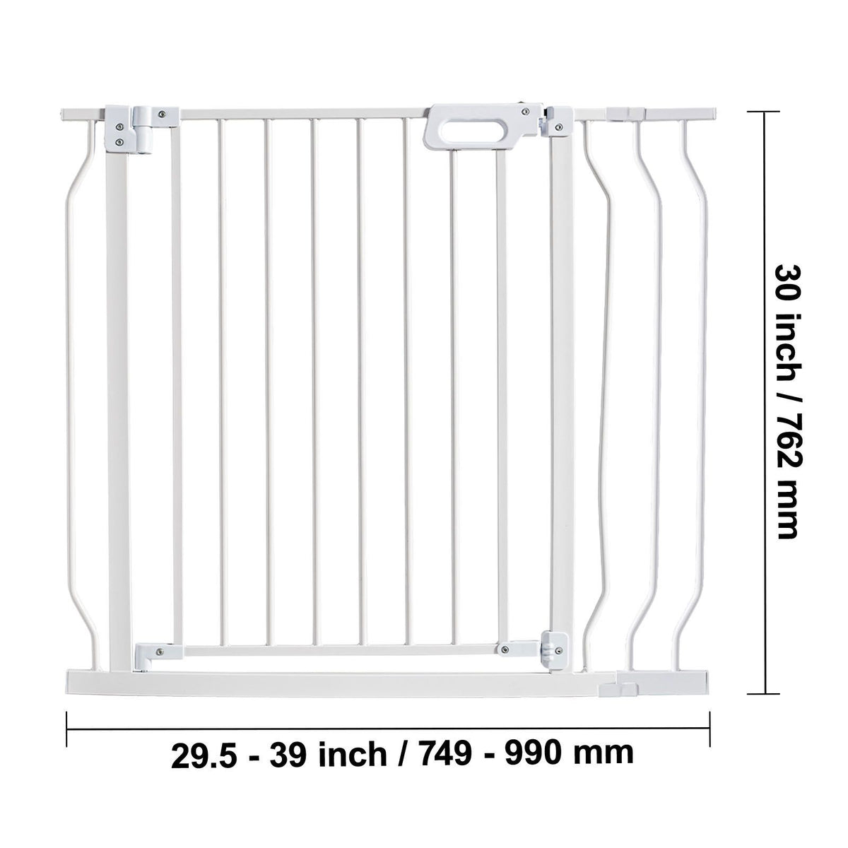 Baby Gate, 749-990 mm Extra Wide, 762 mm High, Dog Gate for Stairs Doorways and House, Easy Step Walk Thru Auto Close Child Gate Pet Security Gate with Pressure Mount Kit & Wall Mount Kit, White