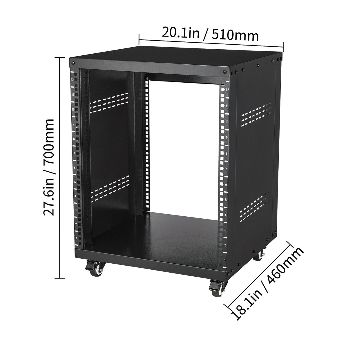 12U AV Rack Stand, 136.08kg Capacity, Network Stereo Recording Studio Rack with Lockable Caster Wheels Round & Square Holes, Special Vent for 482.6 mm Audio Video Musical & IT Equipment Mounting