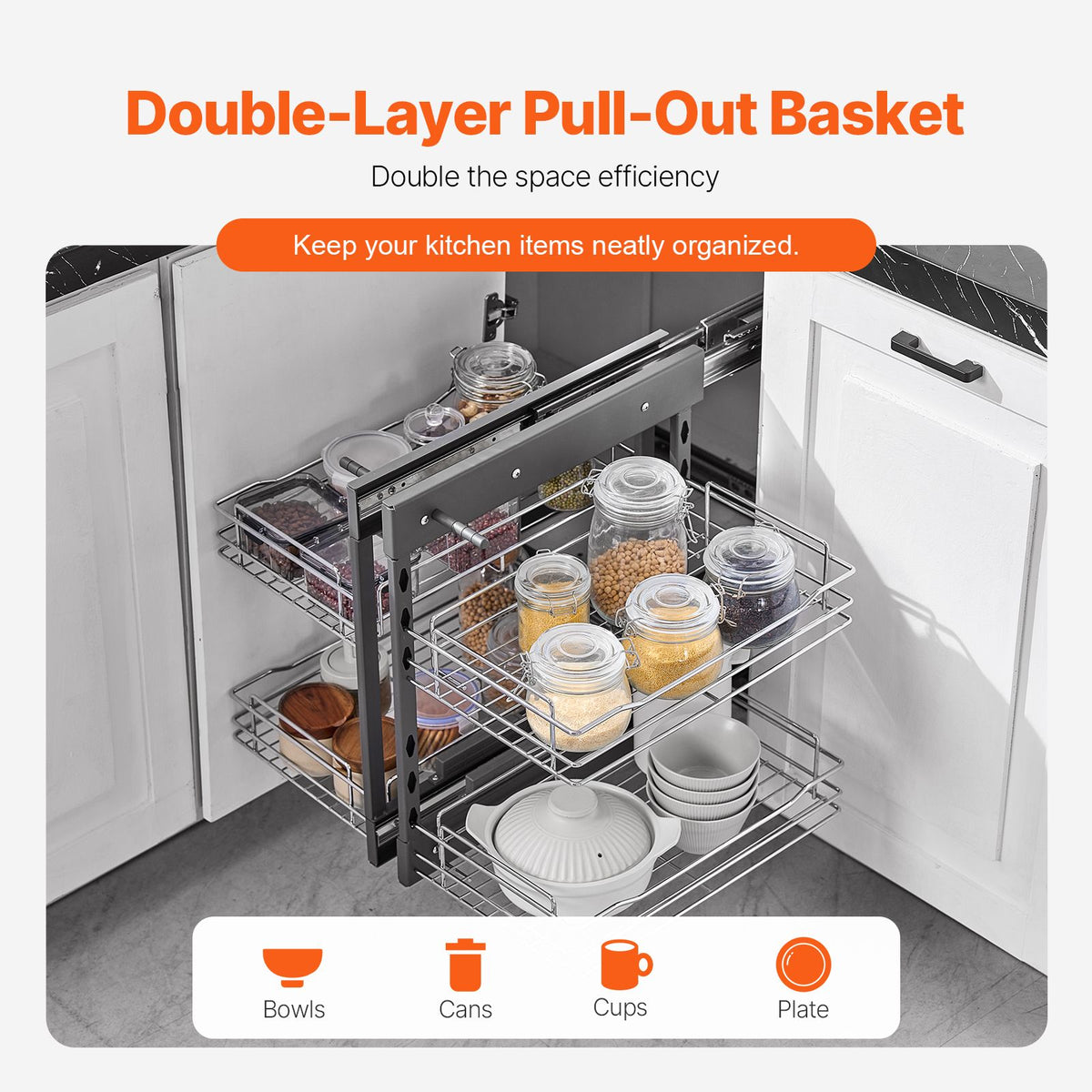 Min 15"W Opening Blind Corner Pull Out Organizer, 2 Tier 4 Shelf Kitchen Cabinet Organizer, Chrome Carbon Steel Storage Basket, Slide Out Storage Organizer, Left & Right Open Compatible