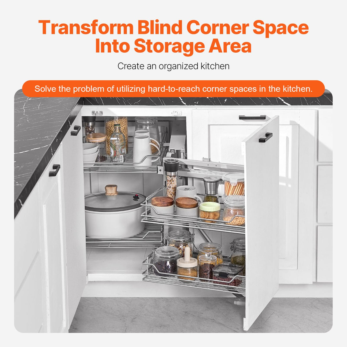 18"W Opening Blind Corner Pull Out Organizer, 2 Tier 4 Shelf Kitchen Cabinet Organizer, Magic Chrome Carbon Steel Storage Basket, Slide Out Storage Organizer, Left & Right Open Compatible