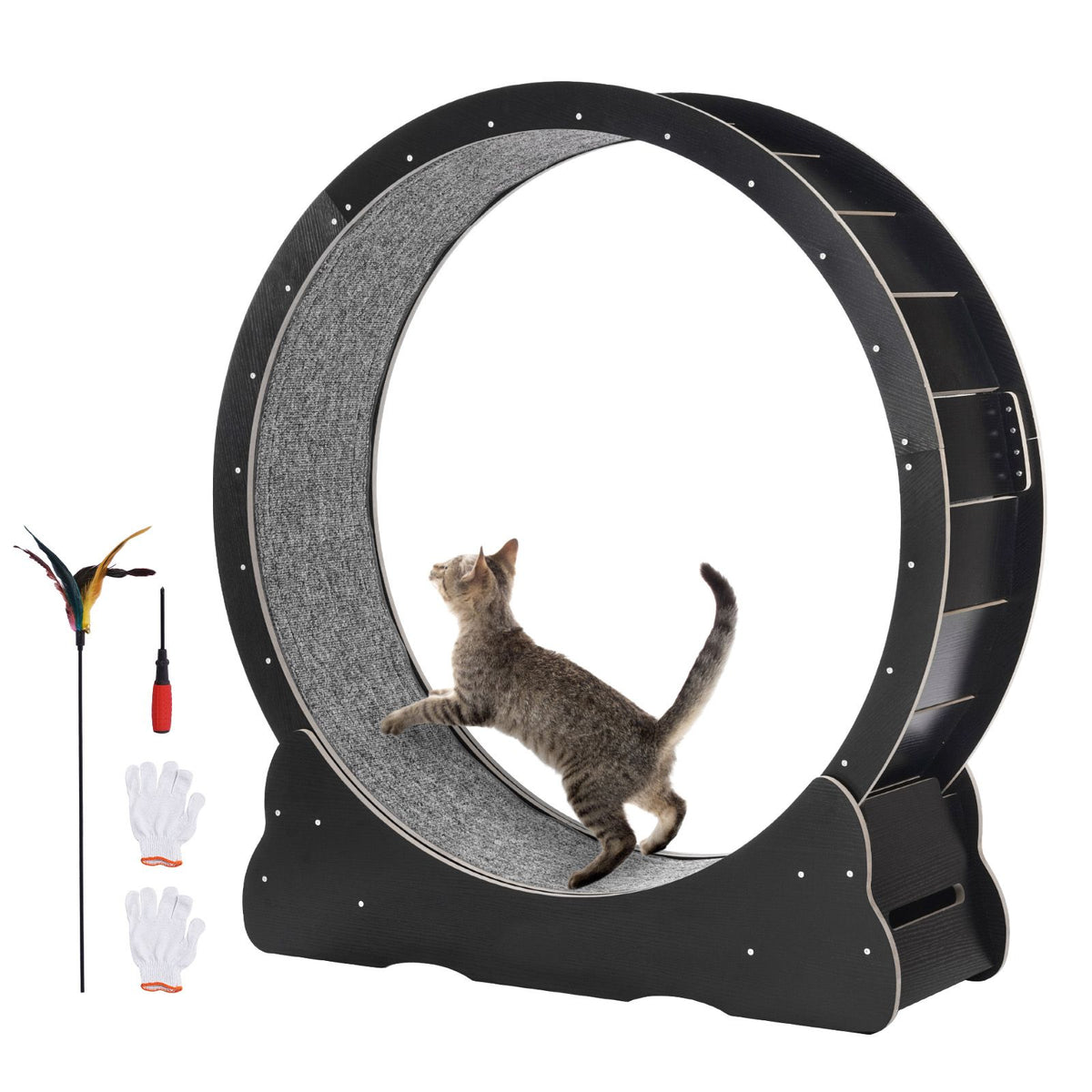 Wooden Cat Exercise Wheel, 43.3" Large Cat Treadmill Wheel for Indoor Cats, Cat Running Wheel with Detachable Carpet & Cat Teaser for Running/Walking/Training, Suitable for Most Cats